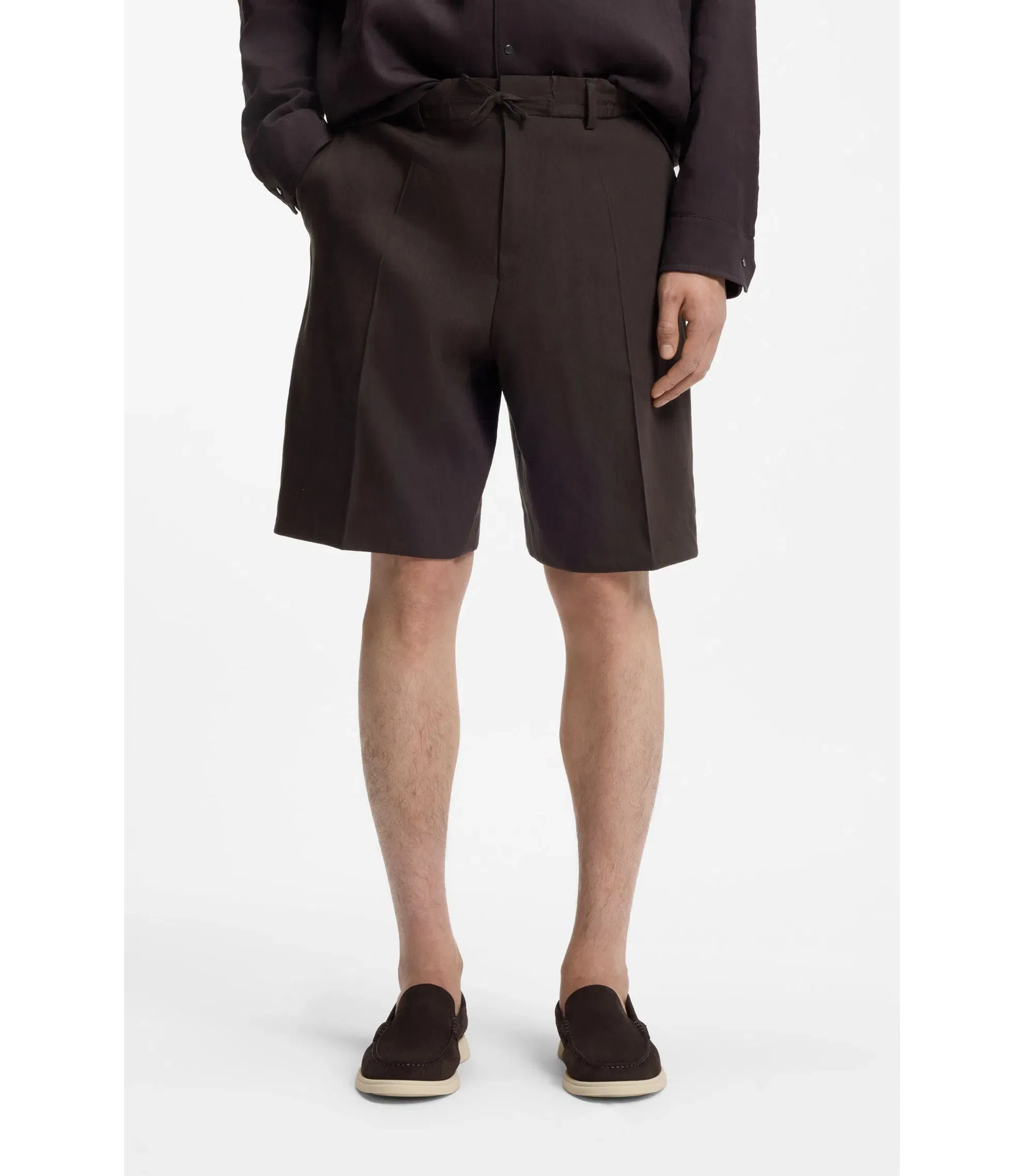 Boss Relaxed Fit Shorts In Tech Linen Dark Brown