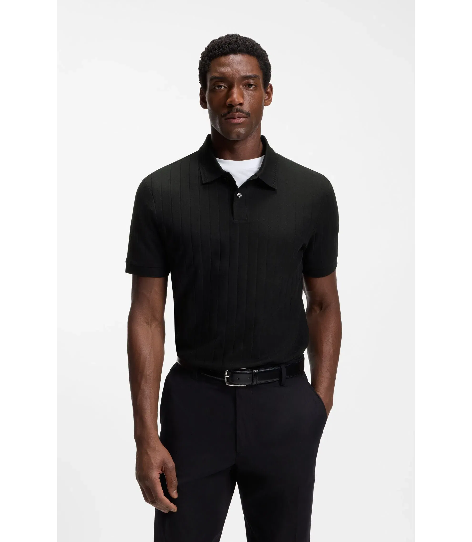 Boss Vertical Stripe Polo Shirt In Mercerised Cotton Black