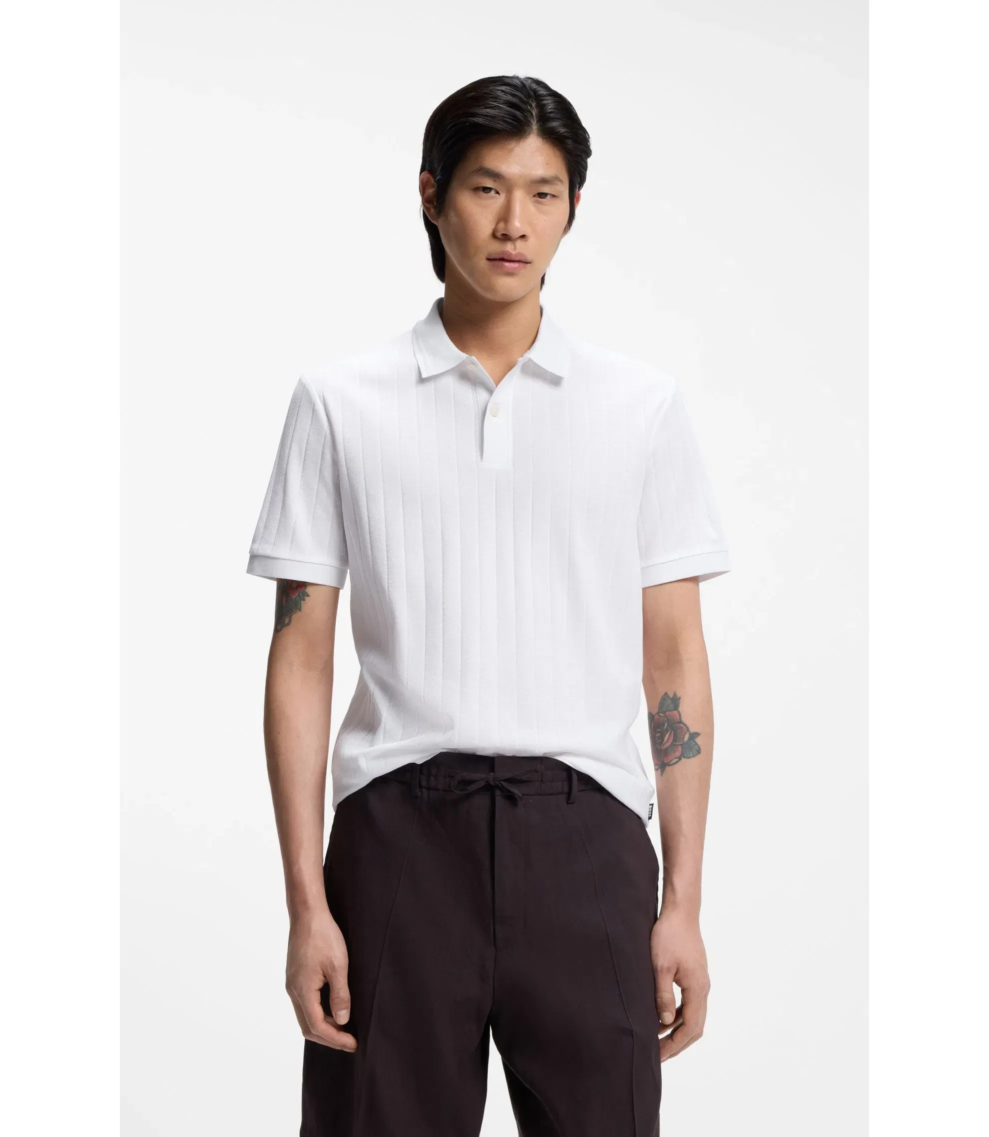 Boss Vertical Stripe Polo Shirt In Mercerised Cotton White