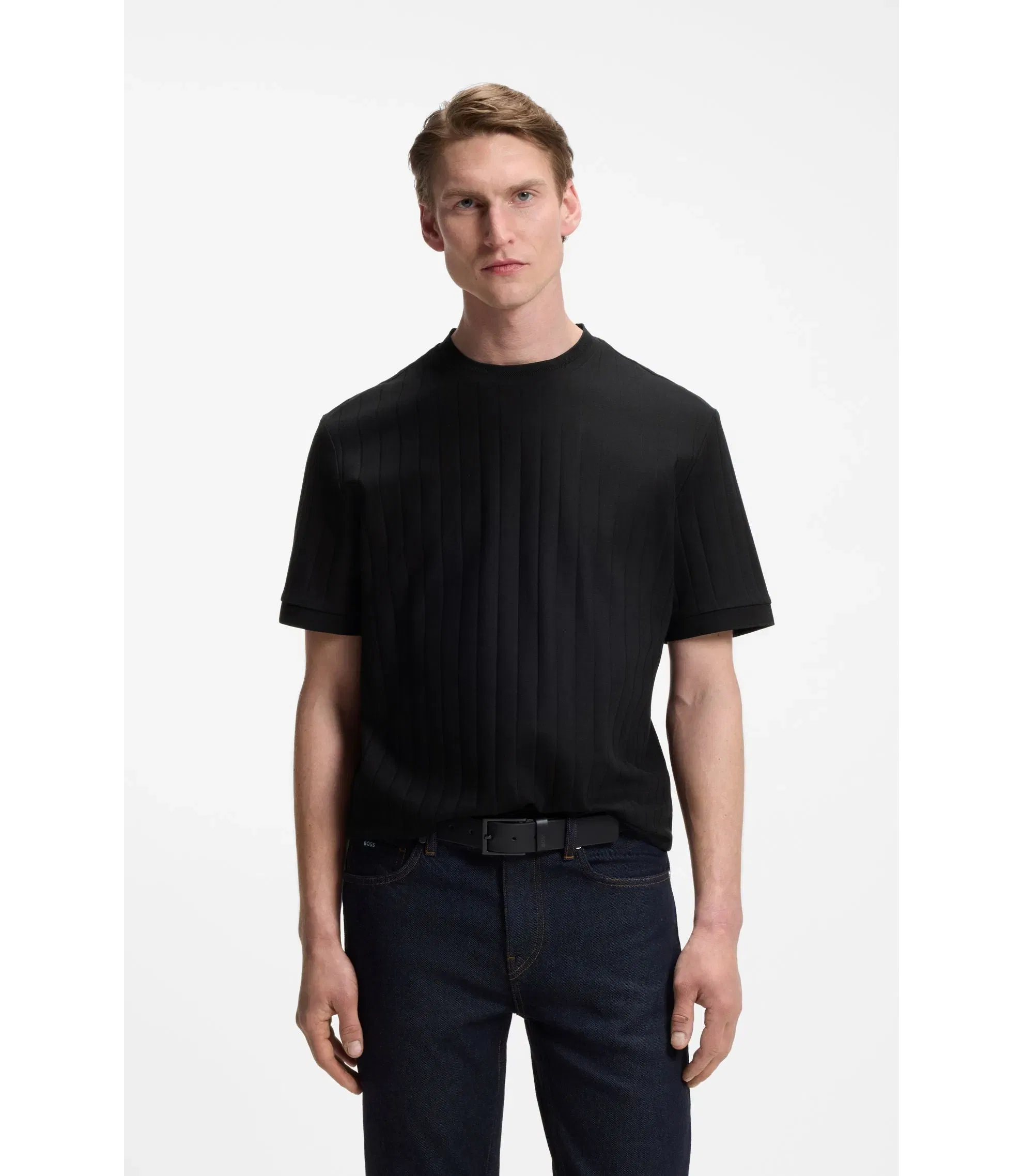Boss Vertical Stripe T-Shirt In Mercerised Cotton Black