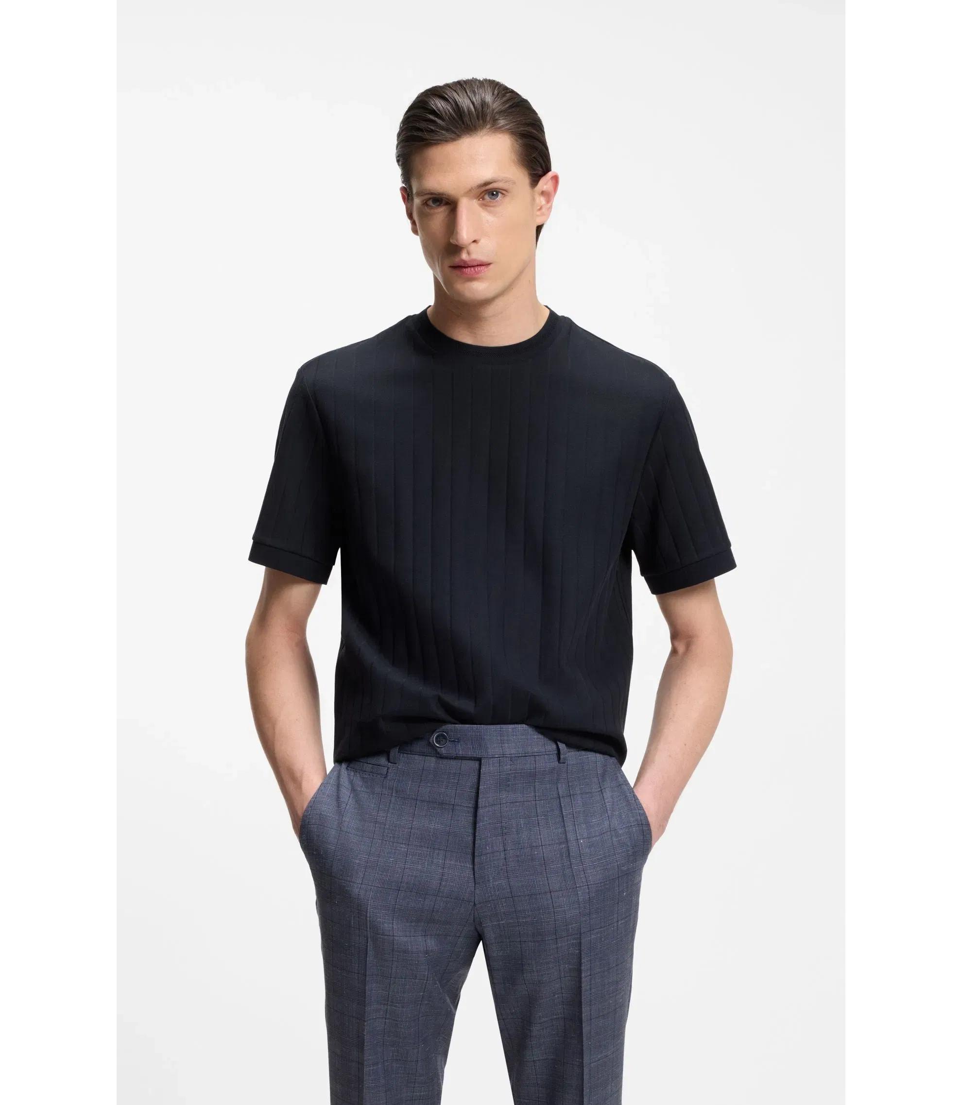 Boss Vertical Stripe T-Shirt In Mercerised Cotton Dark Blue