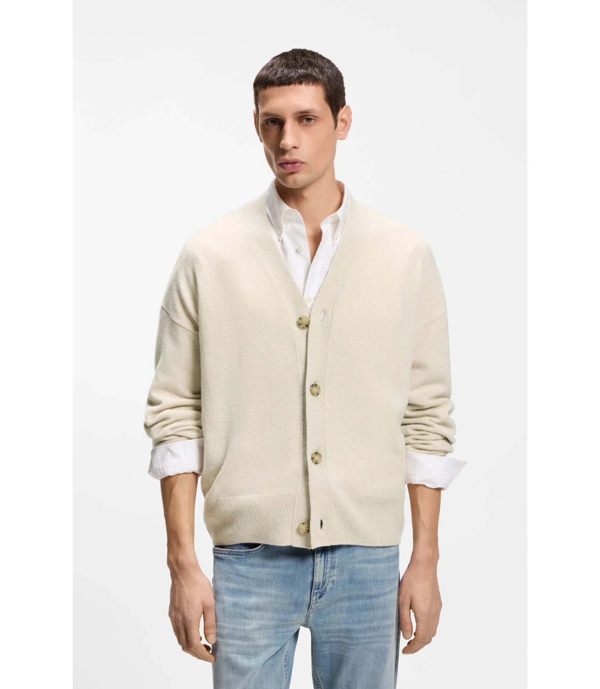 Boss Virgin Wool Cardigan In A Relaxed Fit White