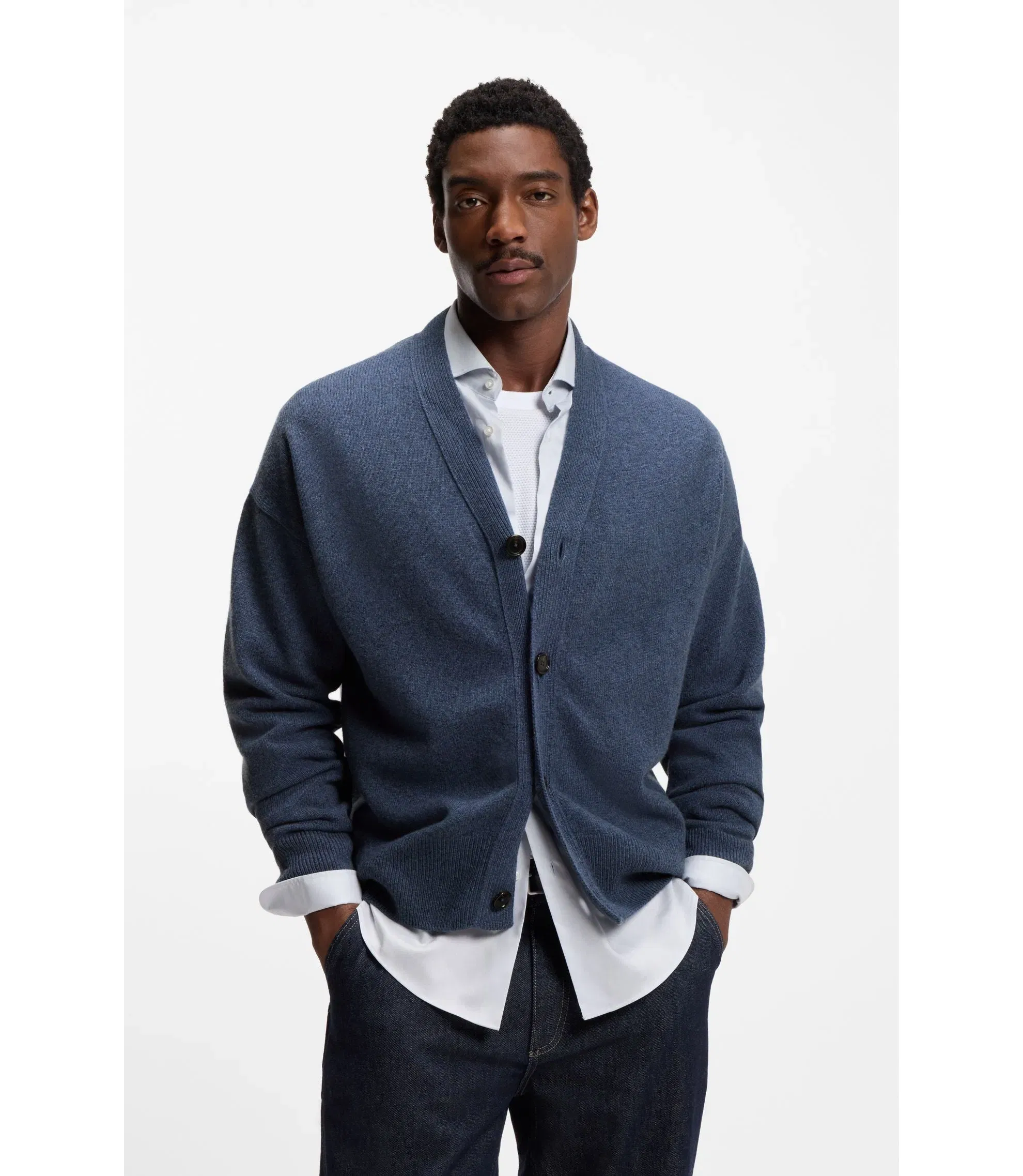 Boss Virgin Wool Cardigan In A Relaxed Fit Light Blue
