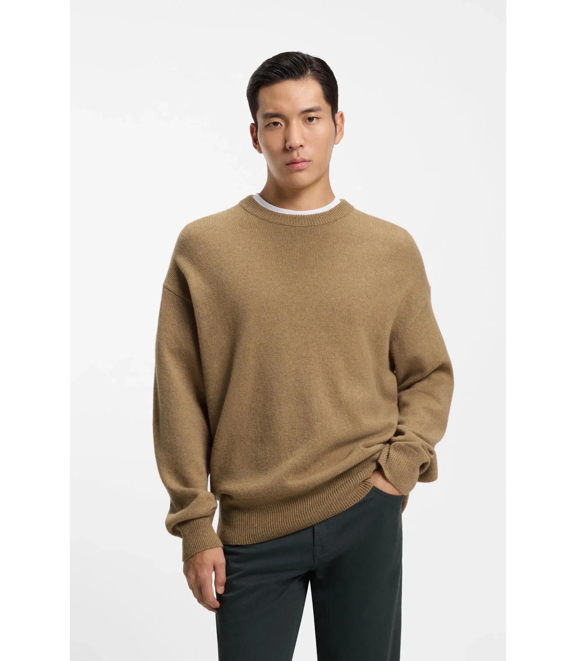 Boss Virgin Wool Sweater In A Relaxed Fit Khaki