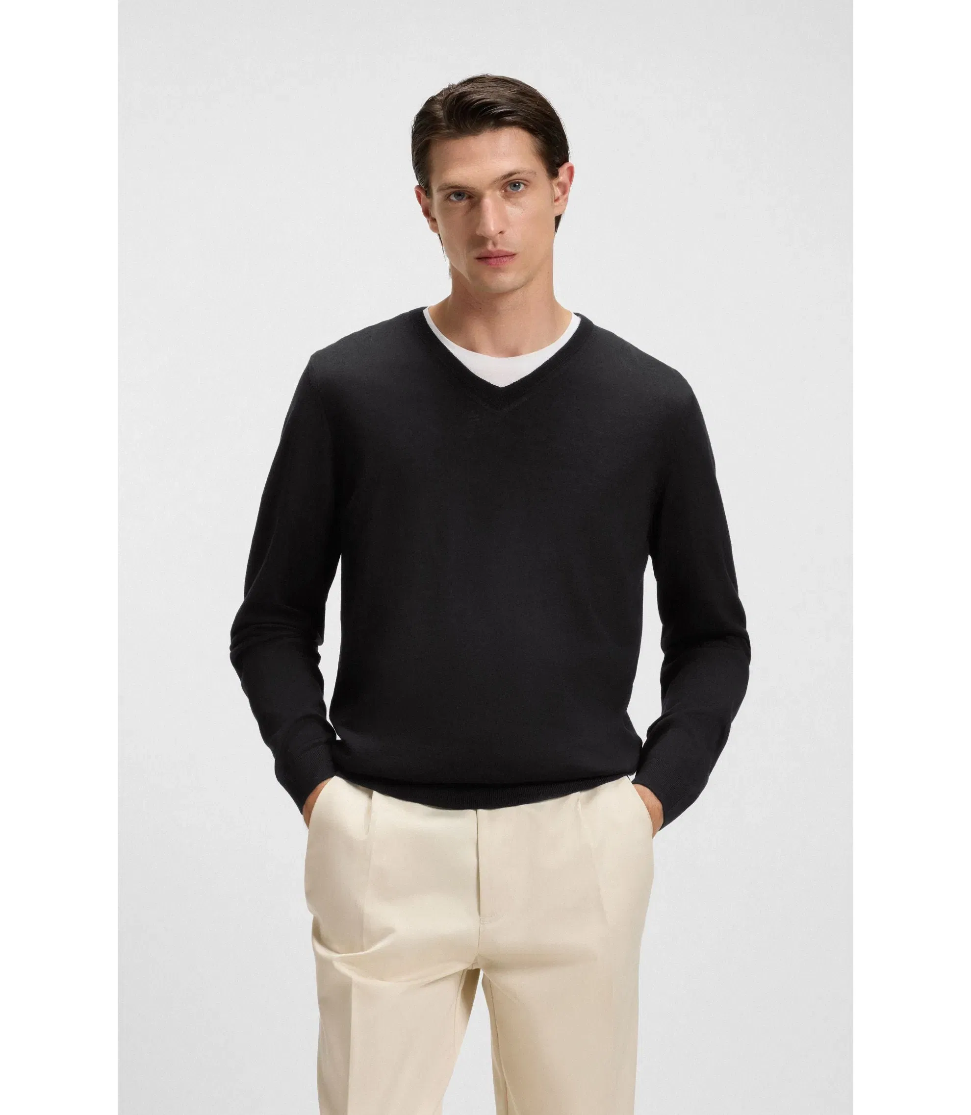 Boss Virgin Wool Sweater With V Neckline Black