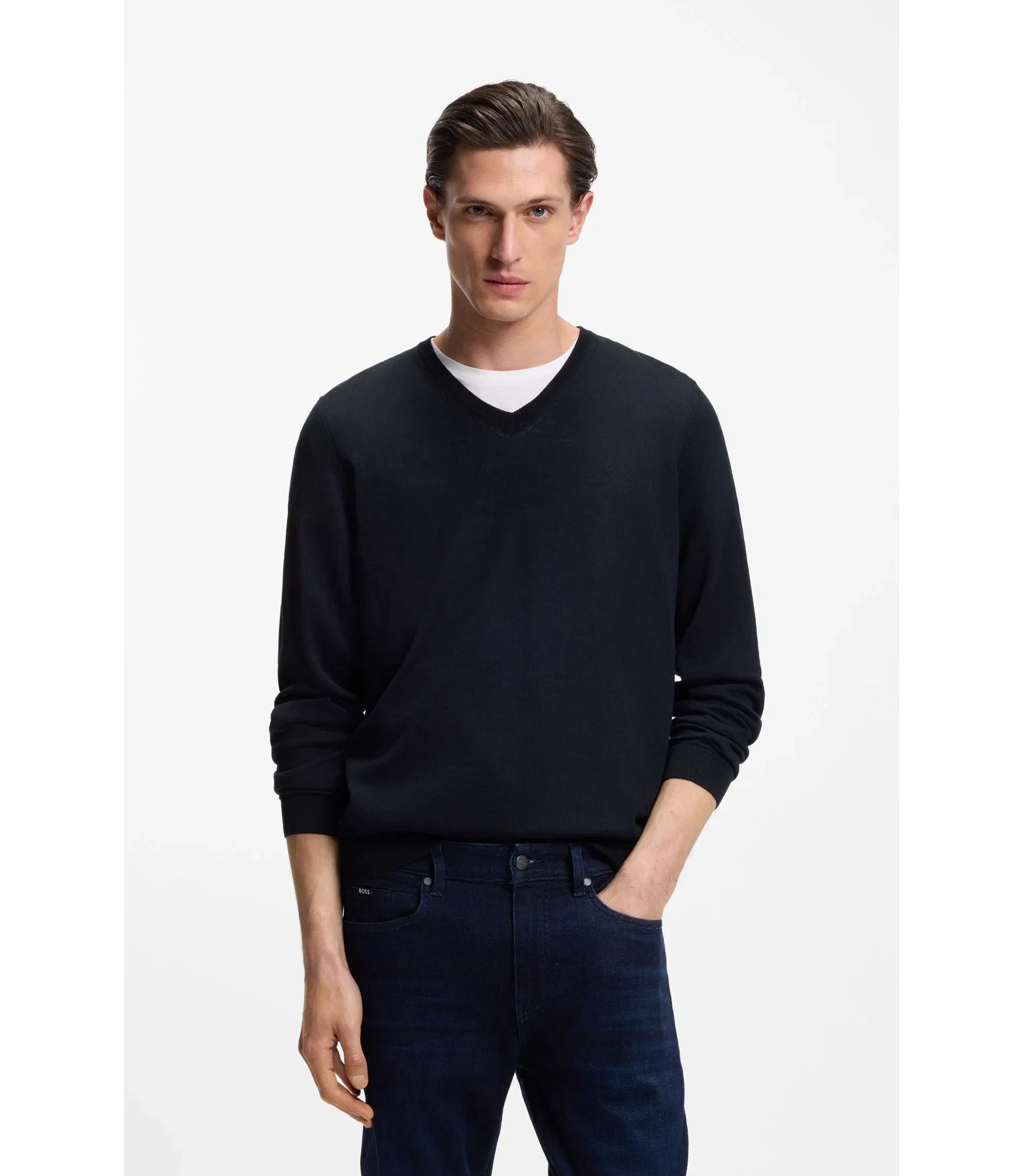 Boss Virgin Wool Sweater With V Neckline Dark Blue