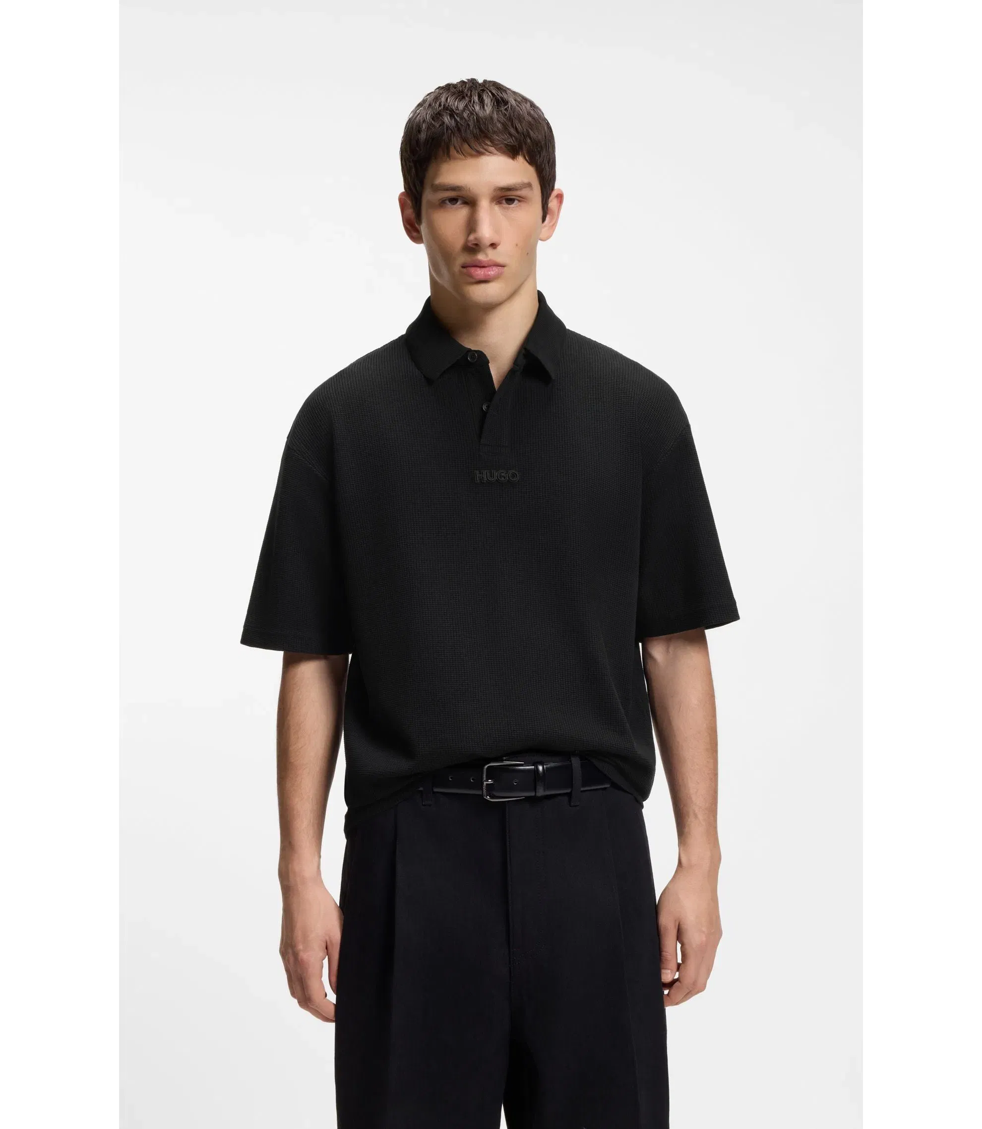 Hugo Waffle Structured Polo Shirt In Cotton Black