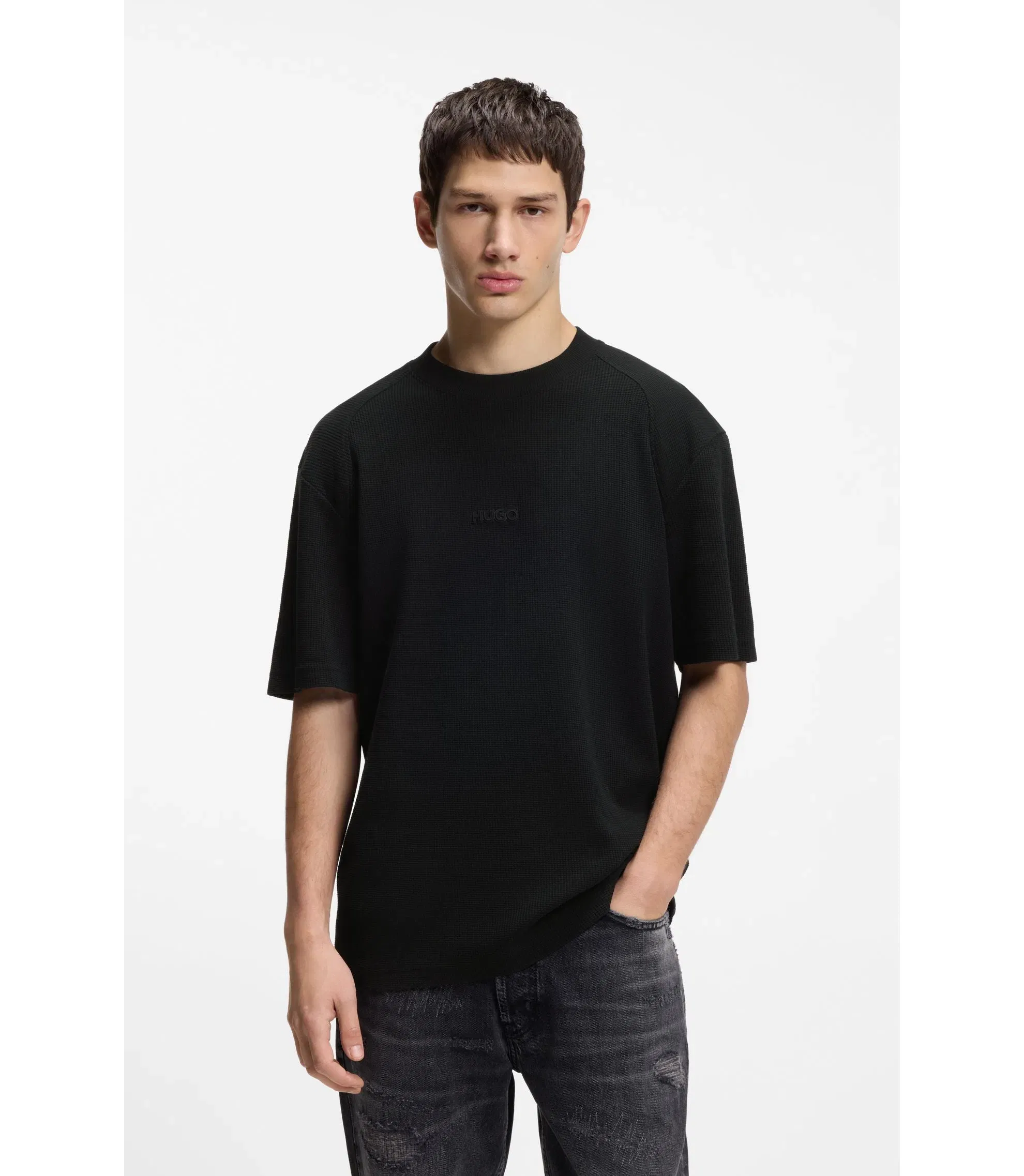 Hugo Waffle Structured T-Shirt In Cotton Black