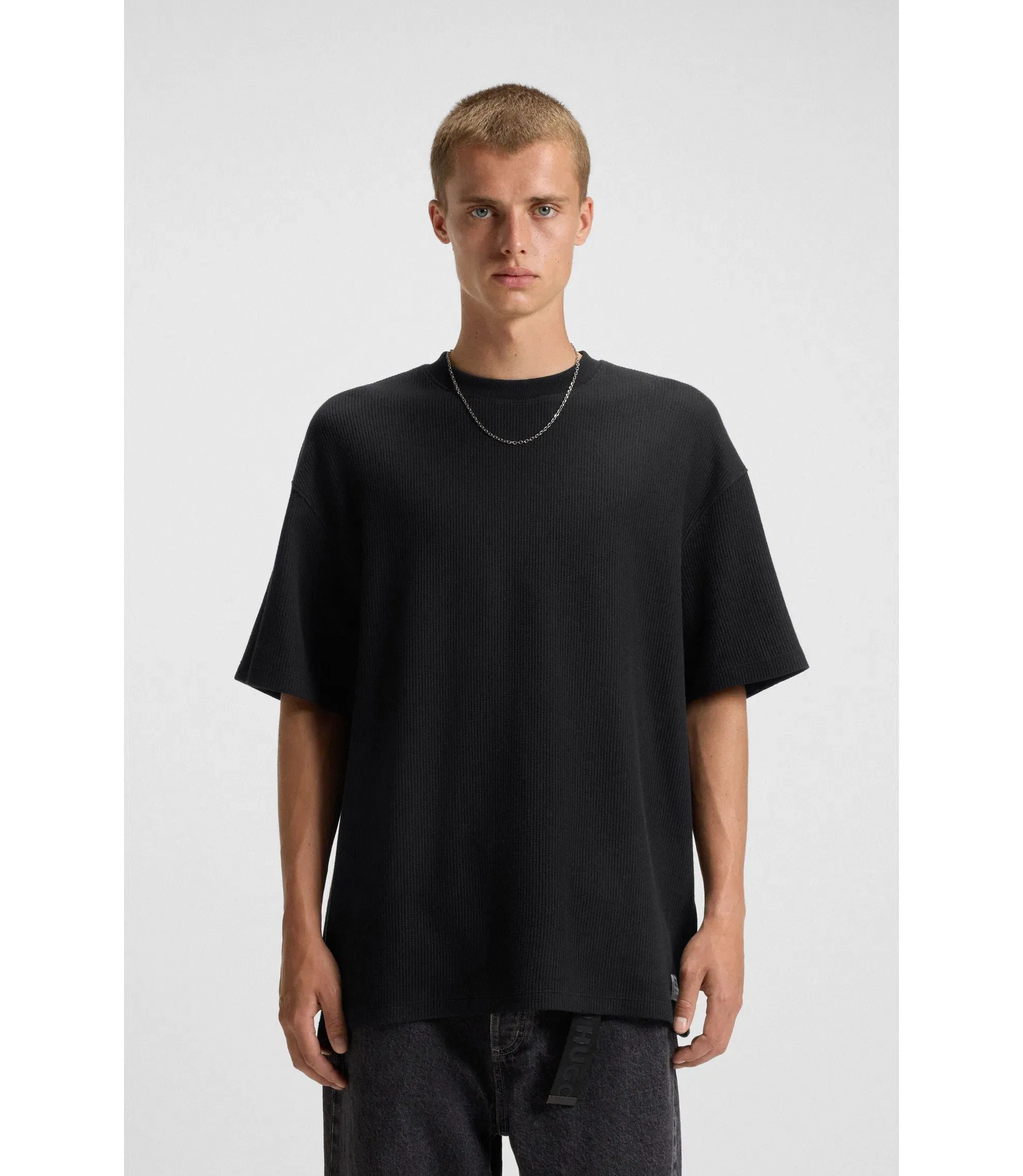 Hugo Waffle Structure T-Shirt In A Cotton Blend Black
