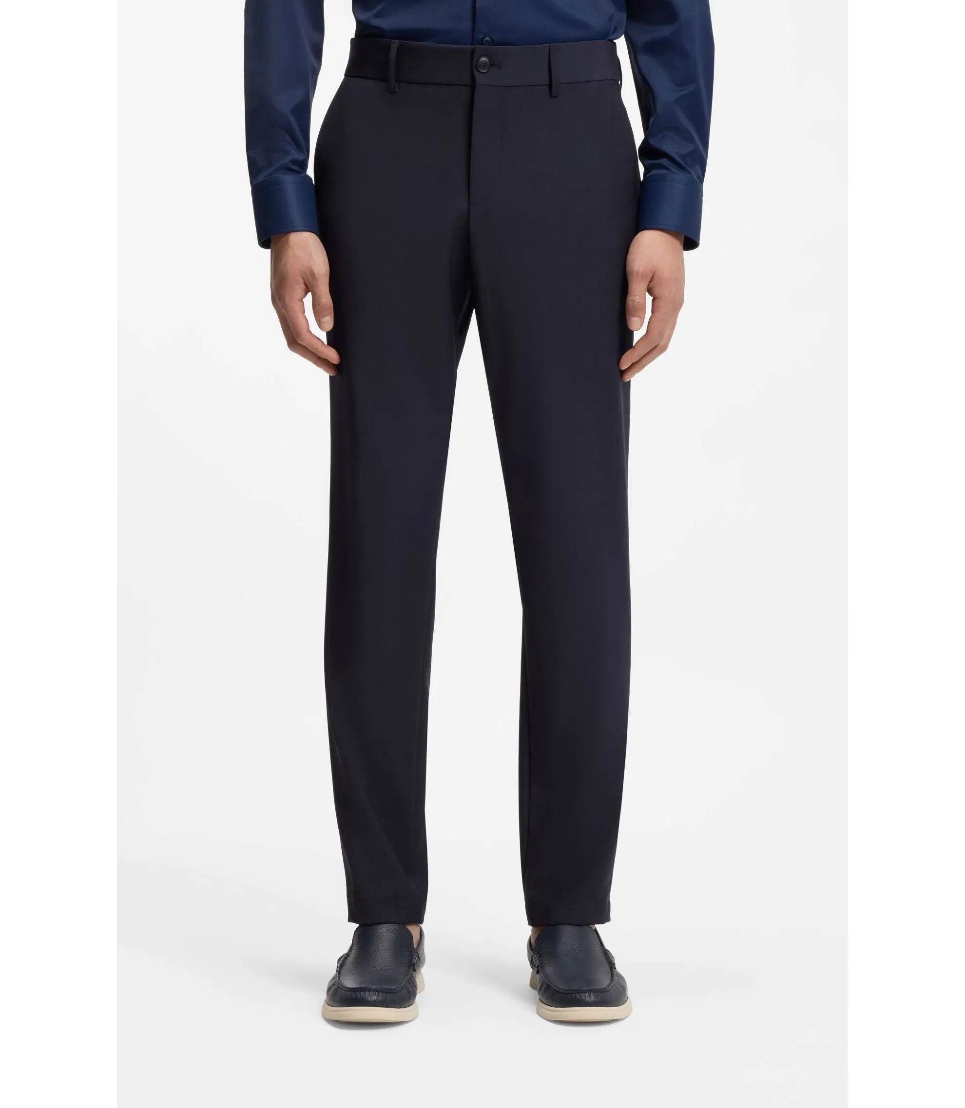 Boss Washable Slim Fit Trousers In A Wool Blend Dark Blue