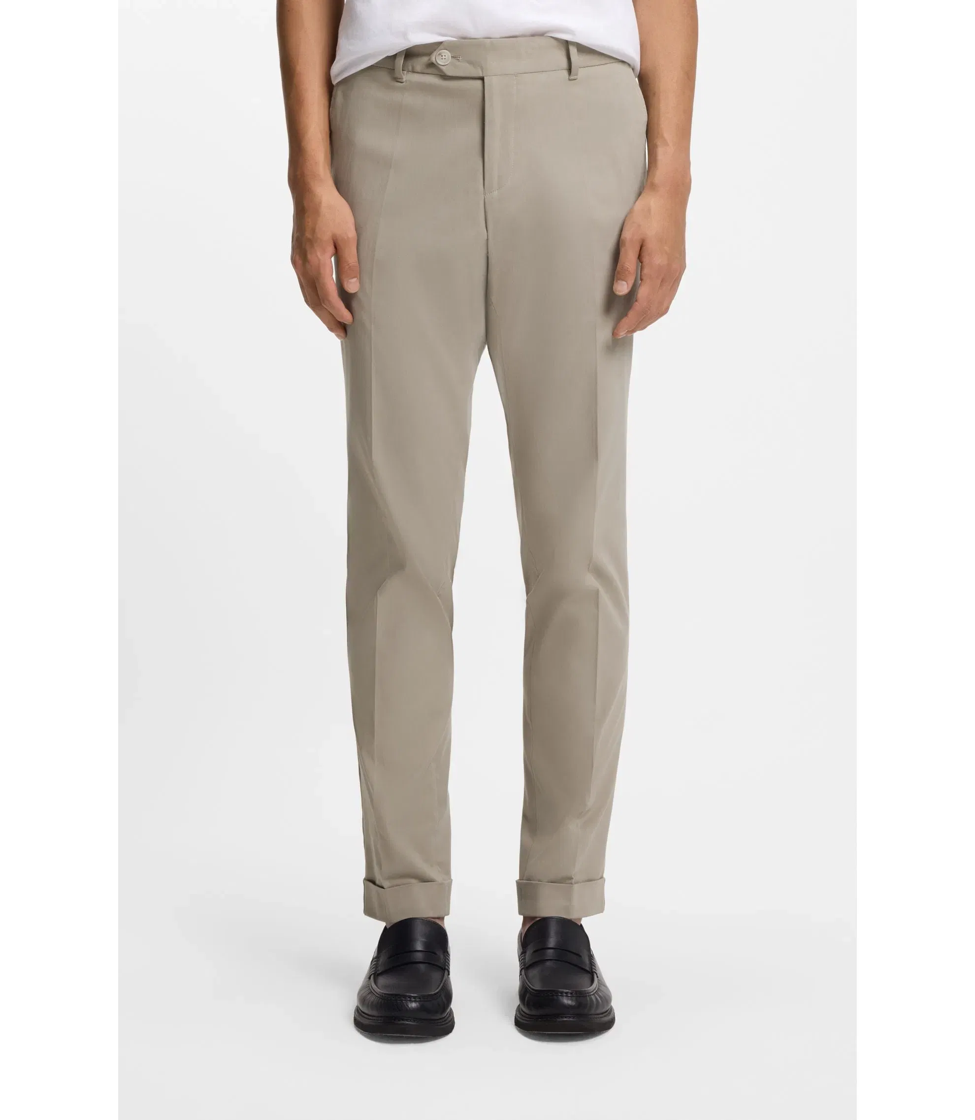 Boss Washable Slim Fit Trousers In Stretch Cotton Khaki