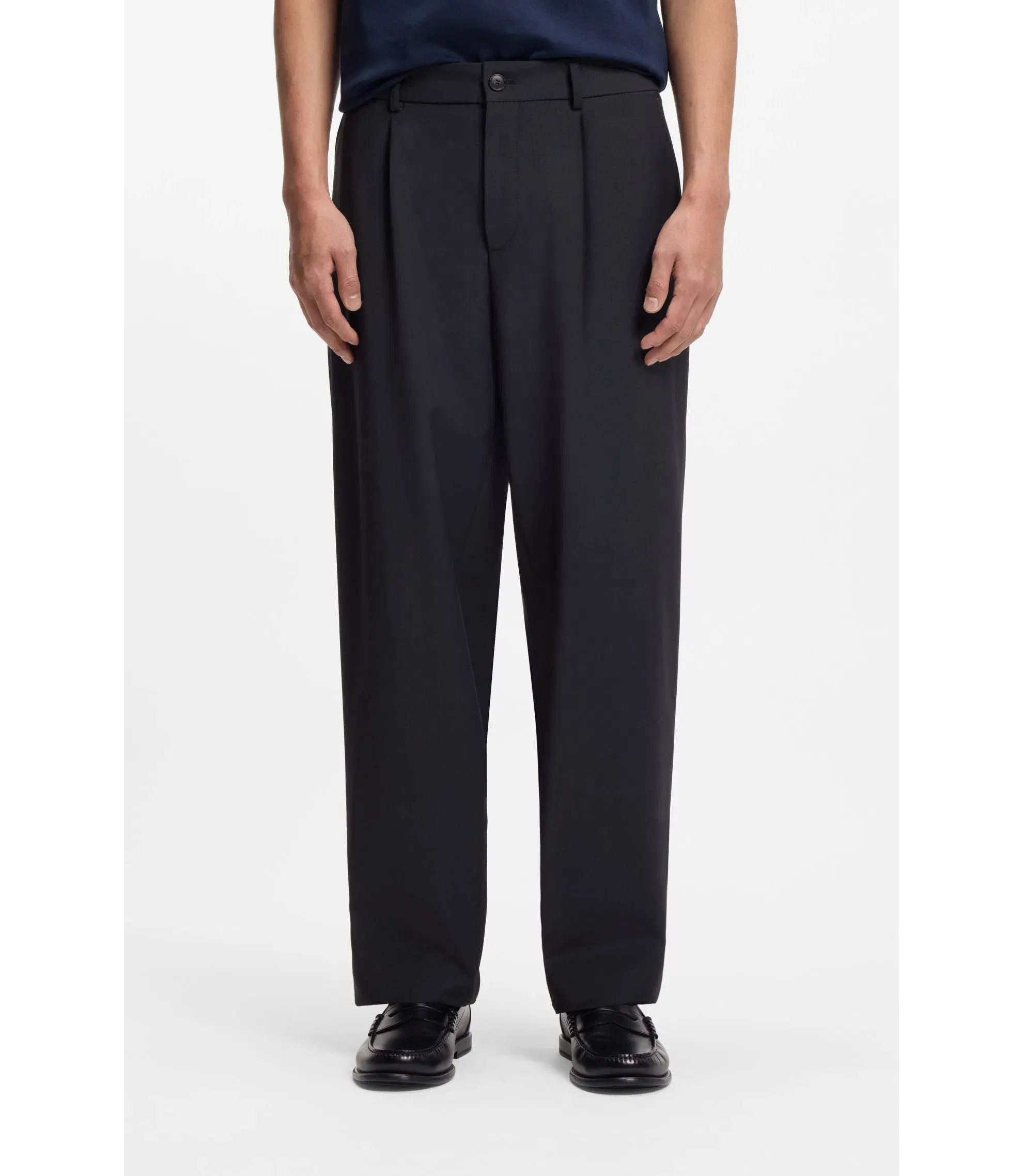 Boss Washable Tapered Fit Trousers In A Wool Blend Dark Blue