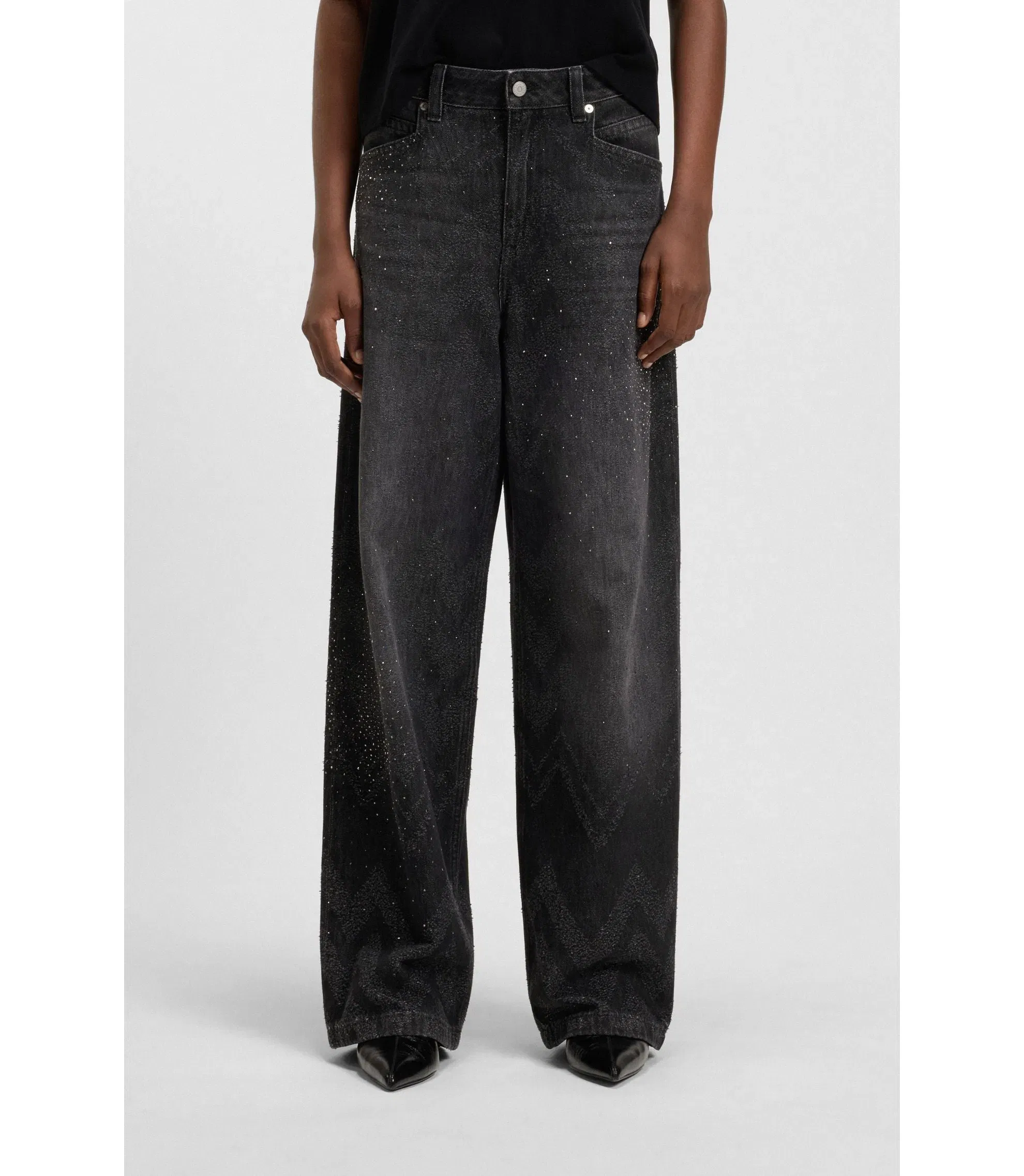Boss Wide Leg Jeans In Crystal Embellished Denim Black Women's