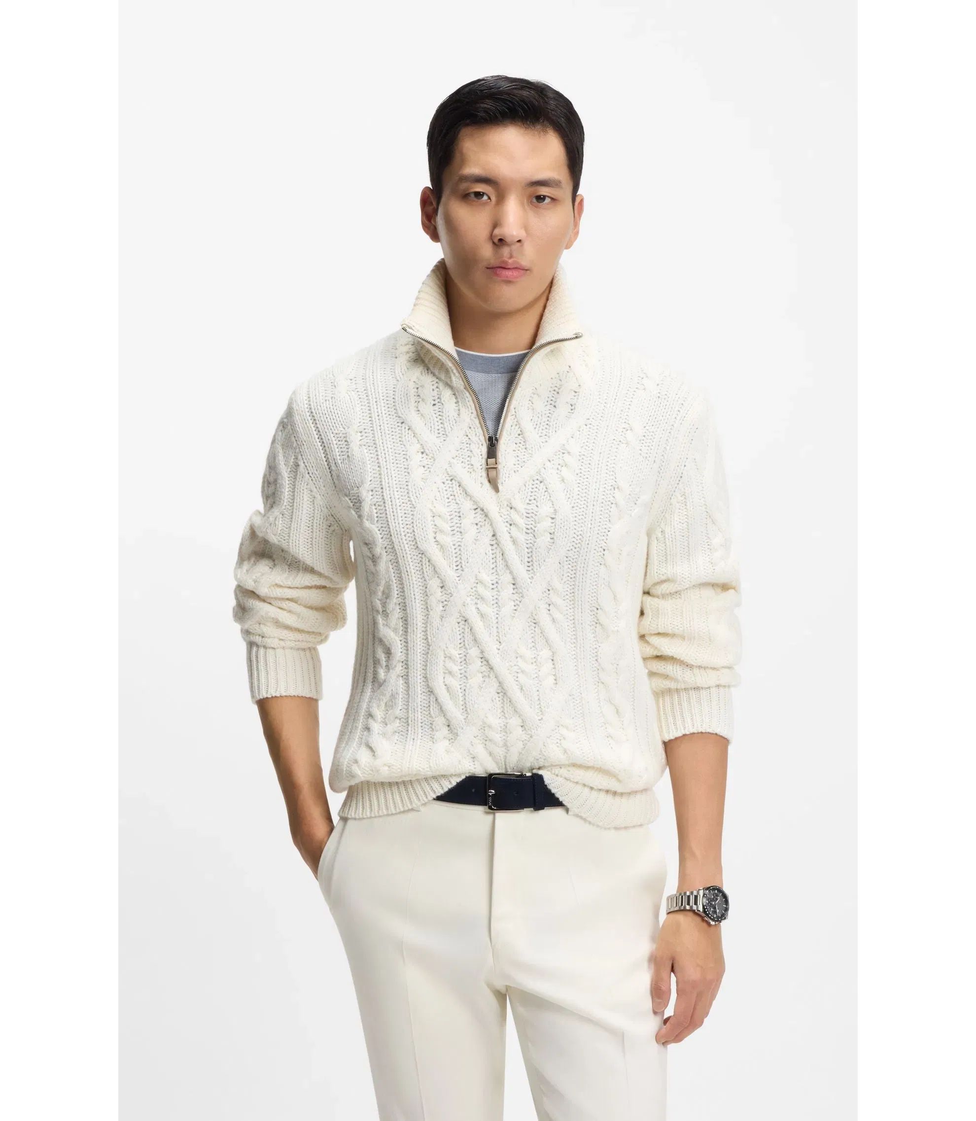 Boss Wool Cashmere Sweater With Cable Knit White
