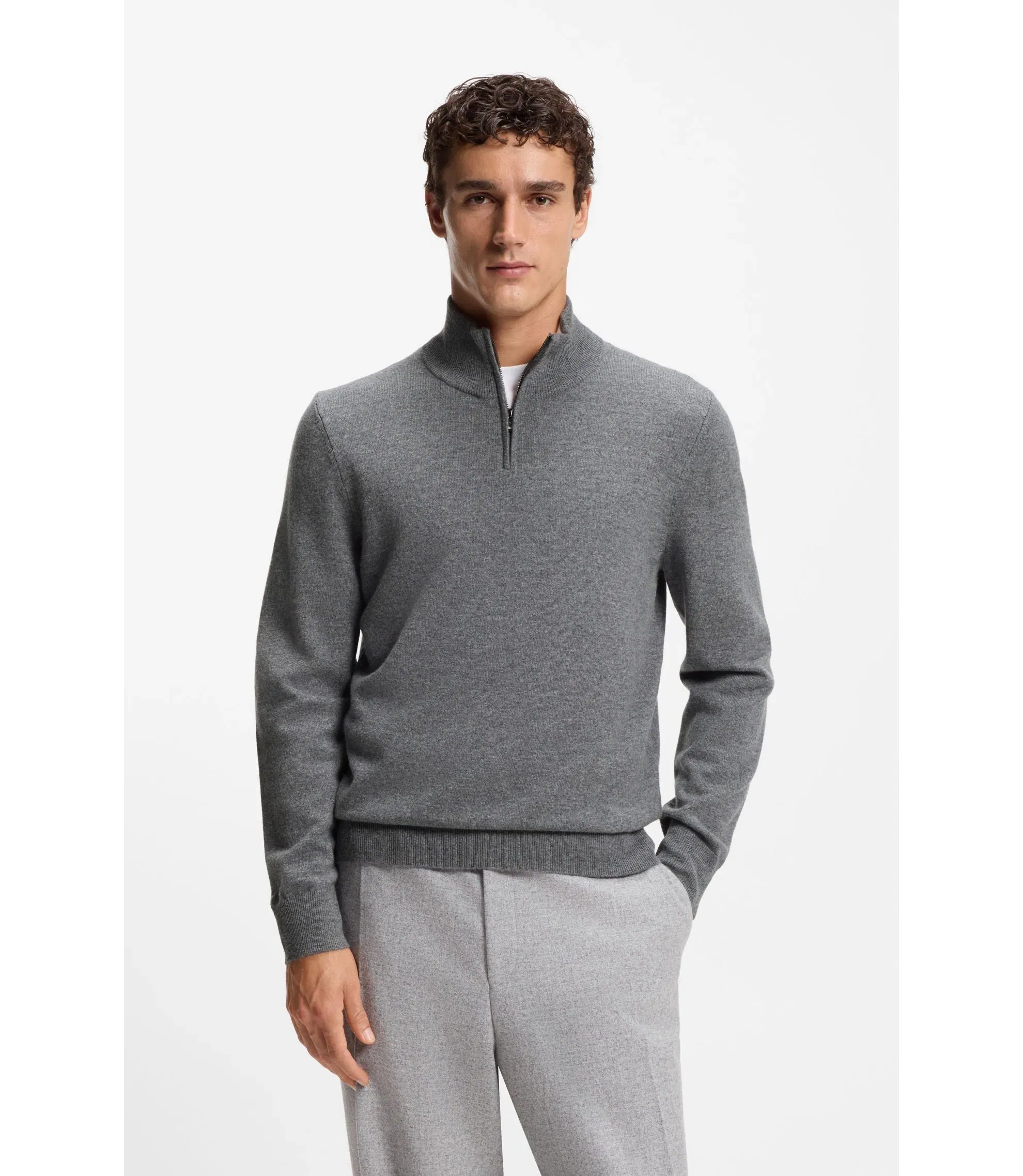 Boss Wool Cashmere Sweater With Zip Neck Grey