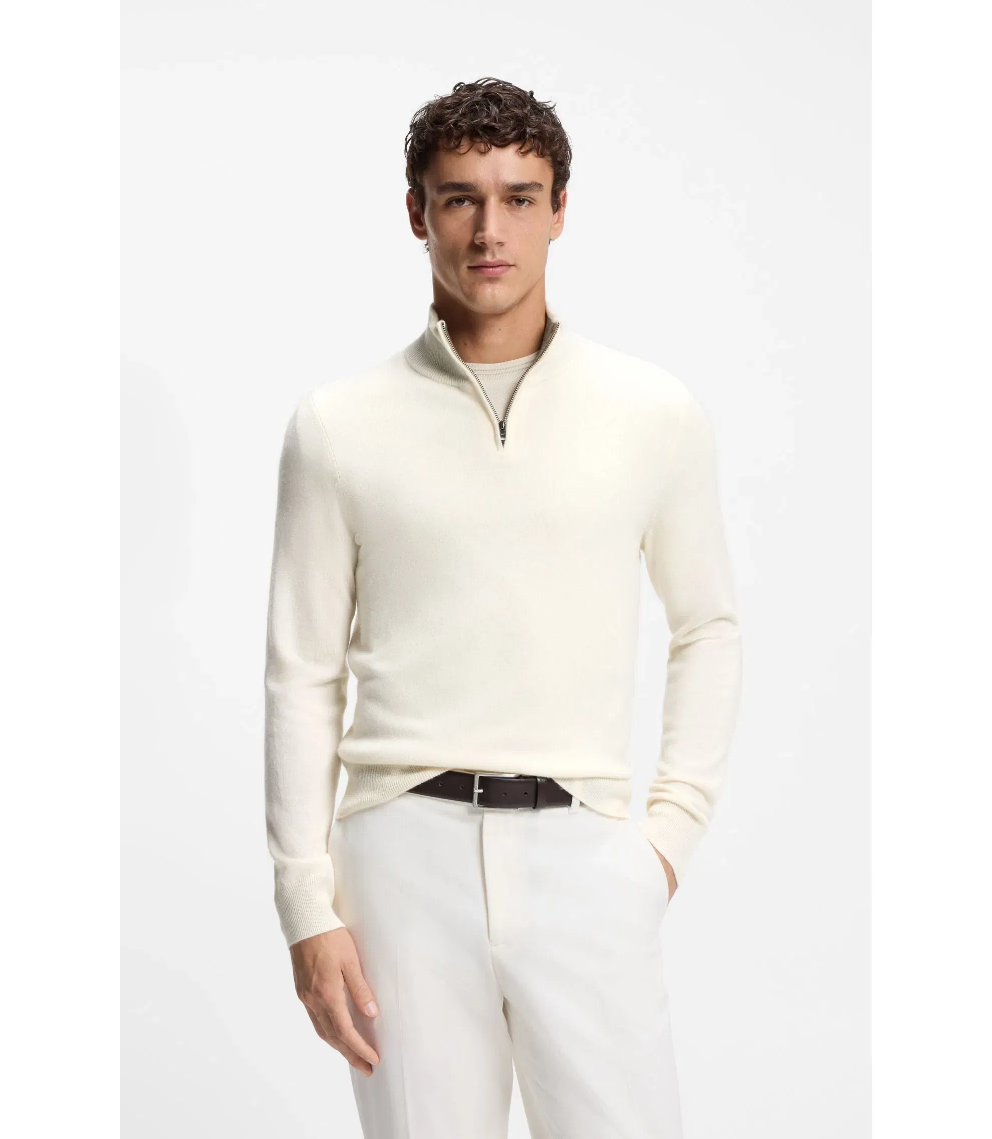 Boss Wool Cashmere Sweater With Zip Neck White