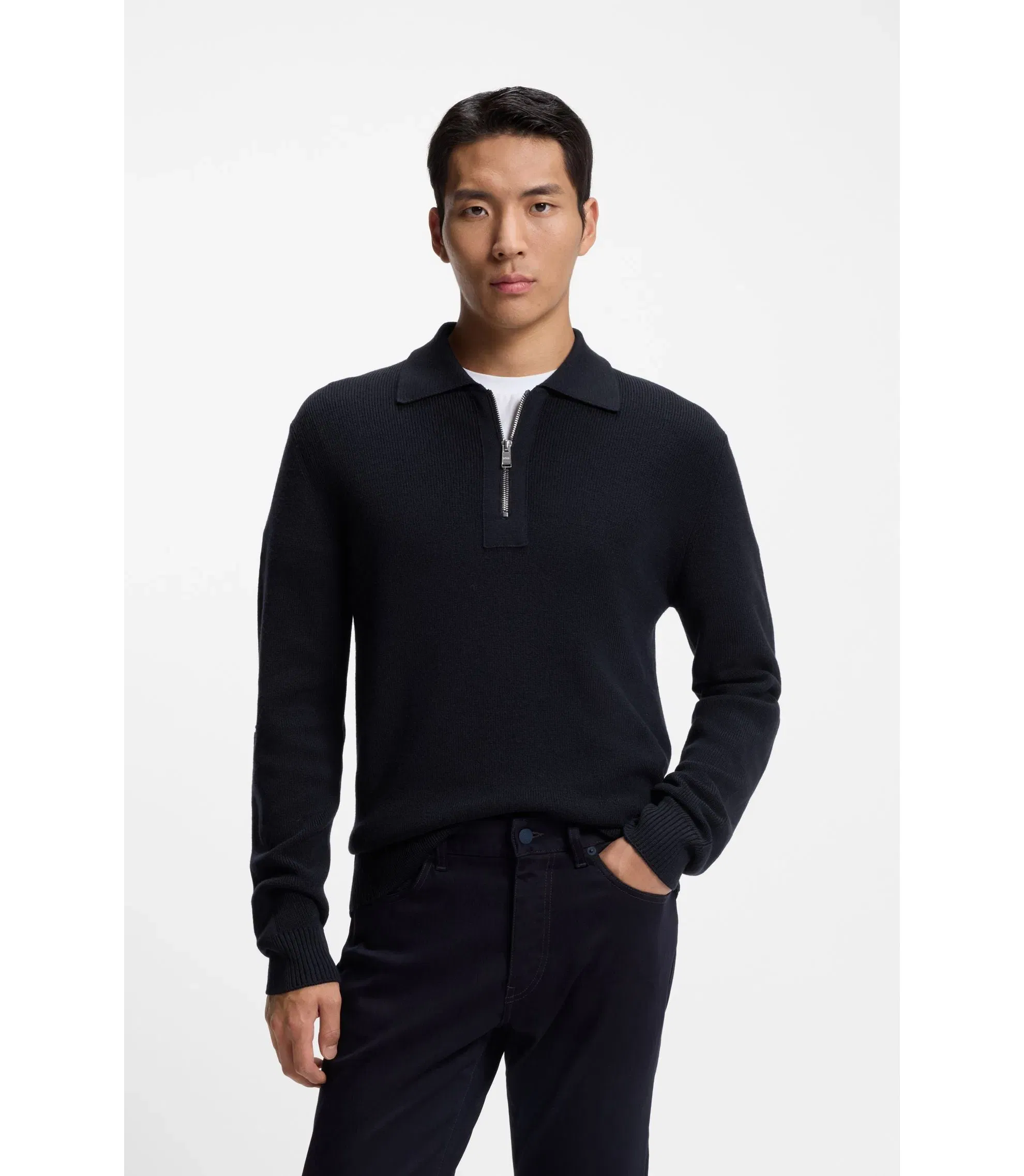 Boss Zip Collar Sweater In Virgin Wool Dark Blue