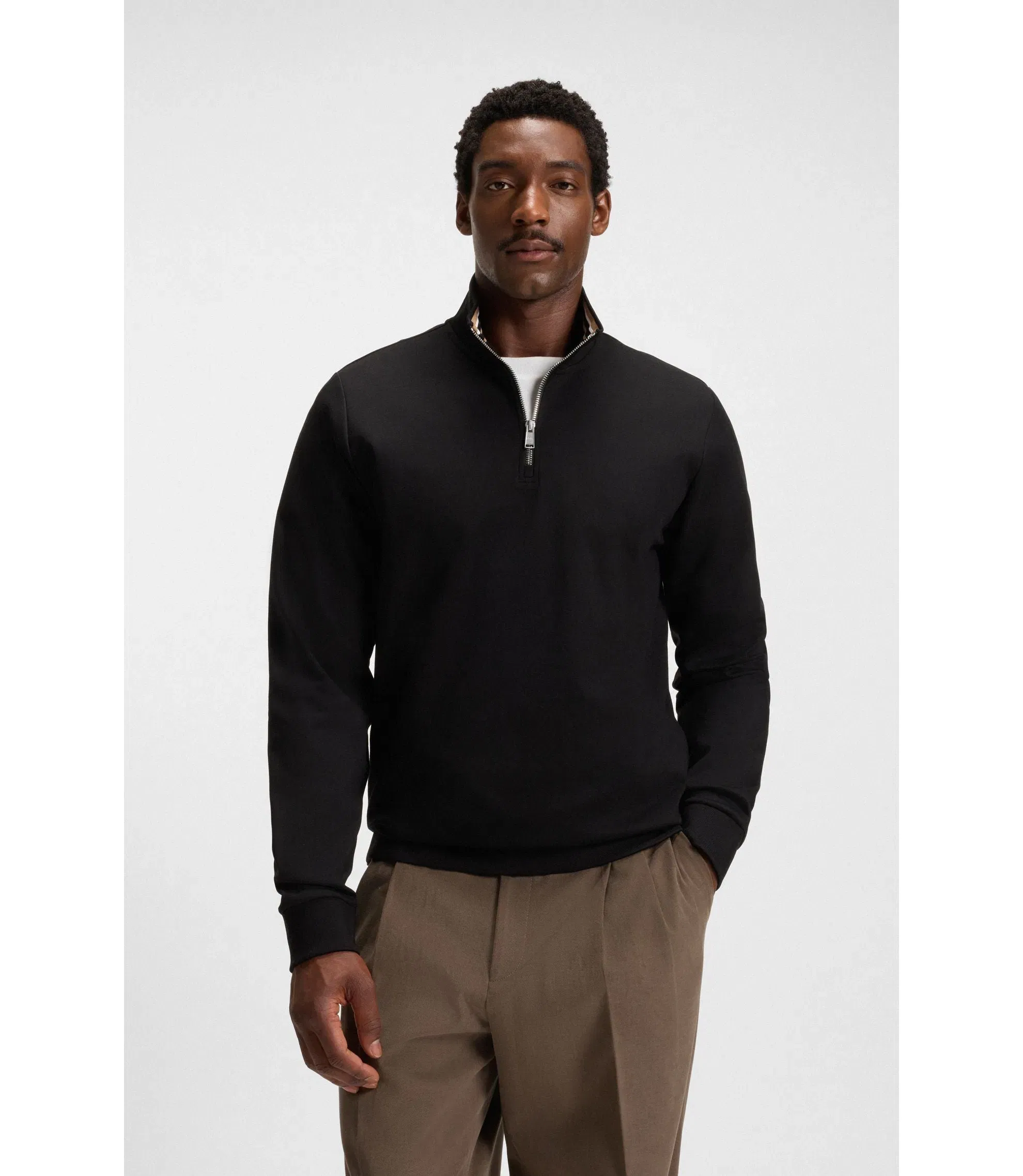 Boss Zip Neck Sweatshirt In A Cotton Blend Black