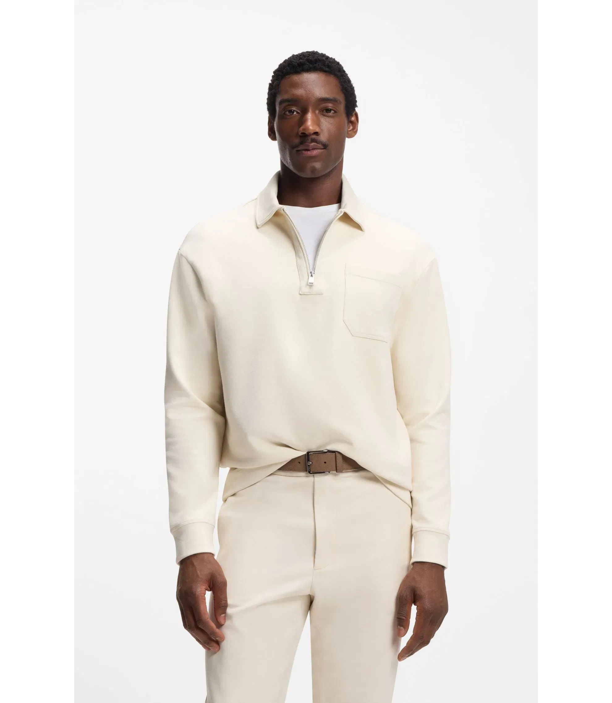 Boss Zip Neck Sweatshirt In A Cotton Blend White