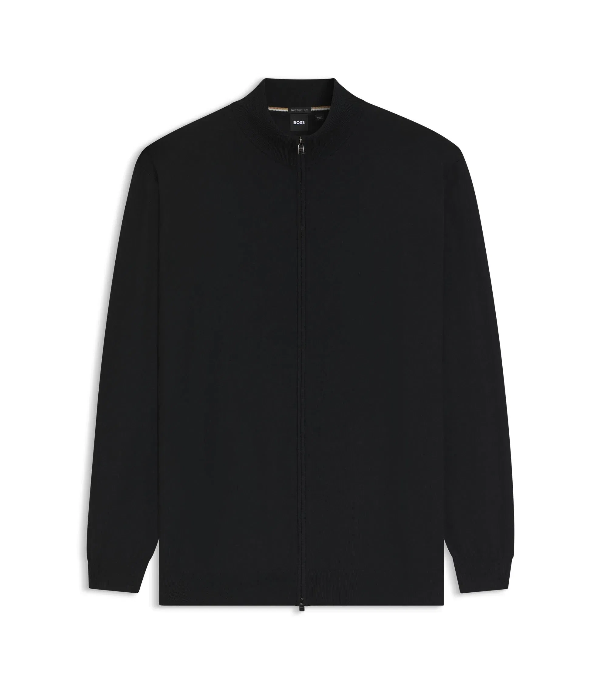 Boss Zippered Cardigan In Extra Fine Merino Wool Black