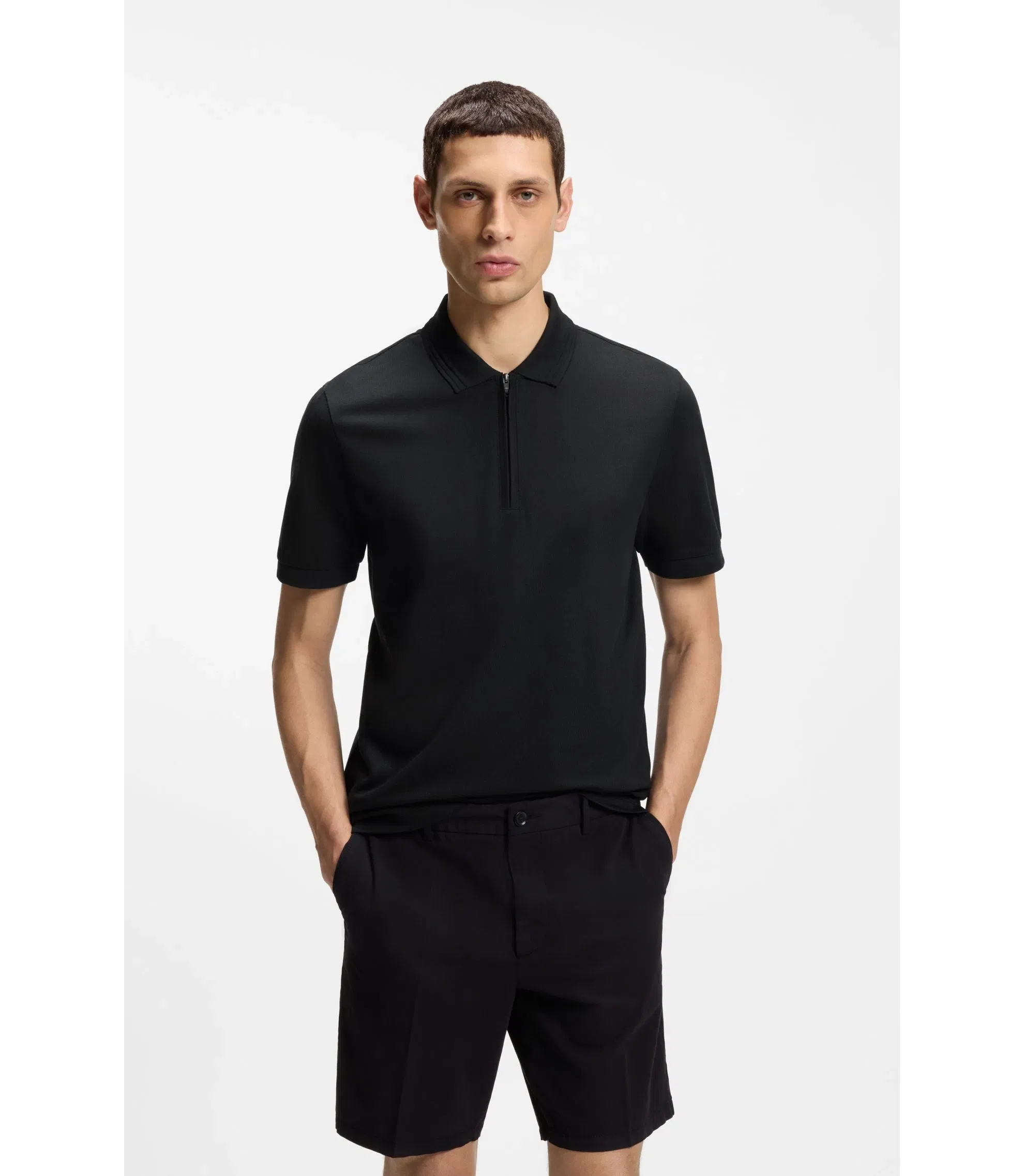 Boss Zip Placket Polo Shirt In A Cotton Blend Black