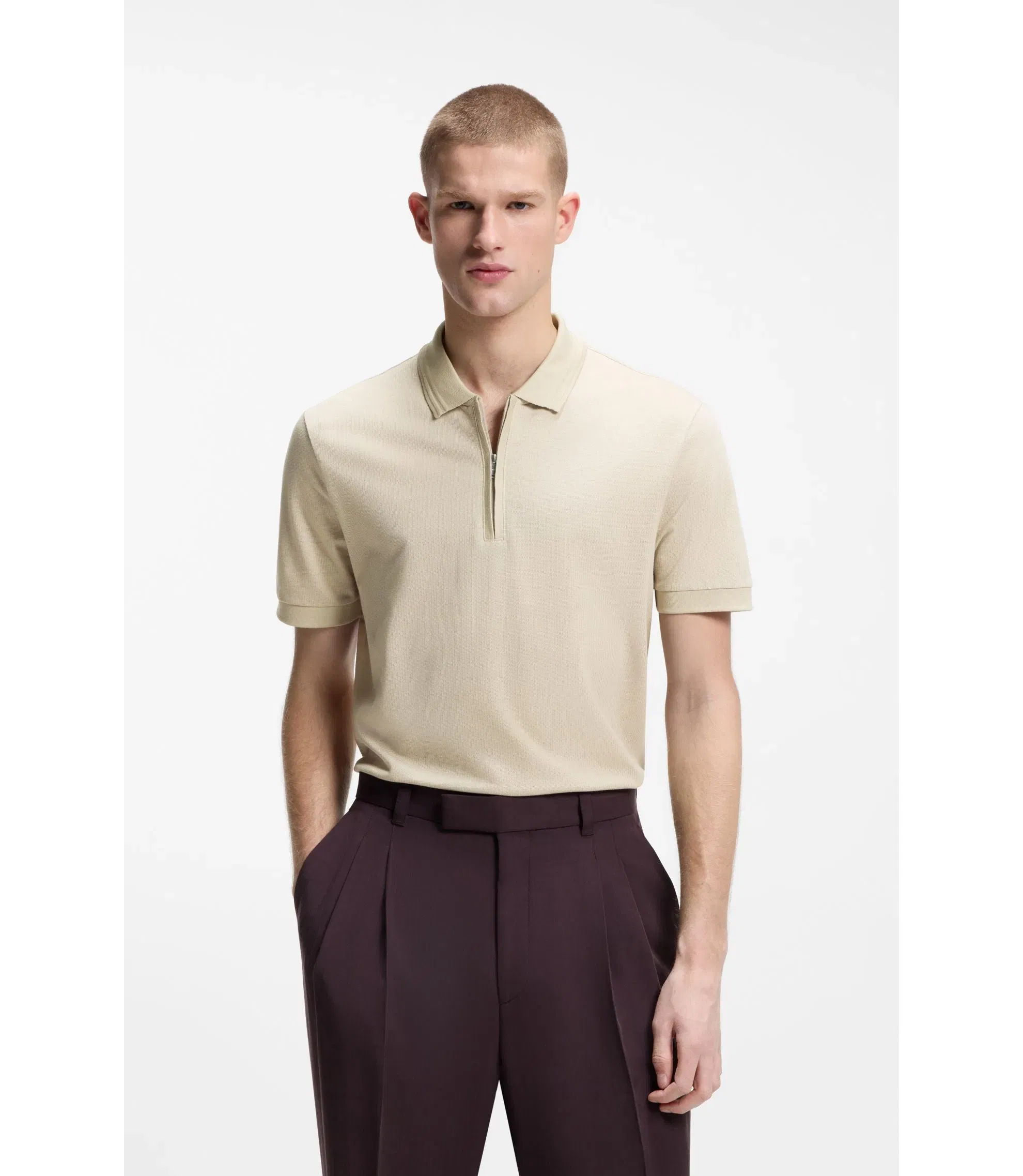 Boss Zip Placket Polo Shirt In A Cotton Blend Light Beige