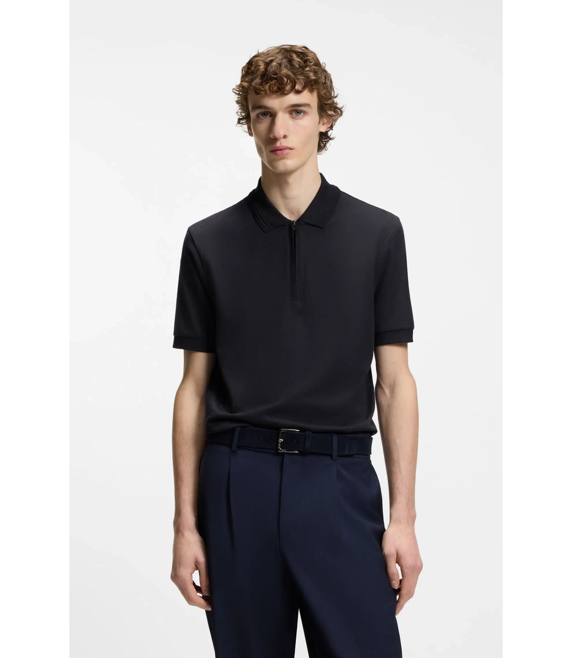 Boss Zip Placket Polo Shirt In A Cotton Blend Dark Blue