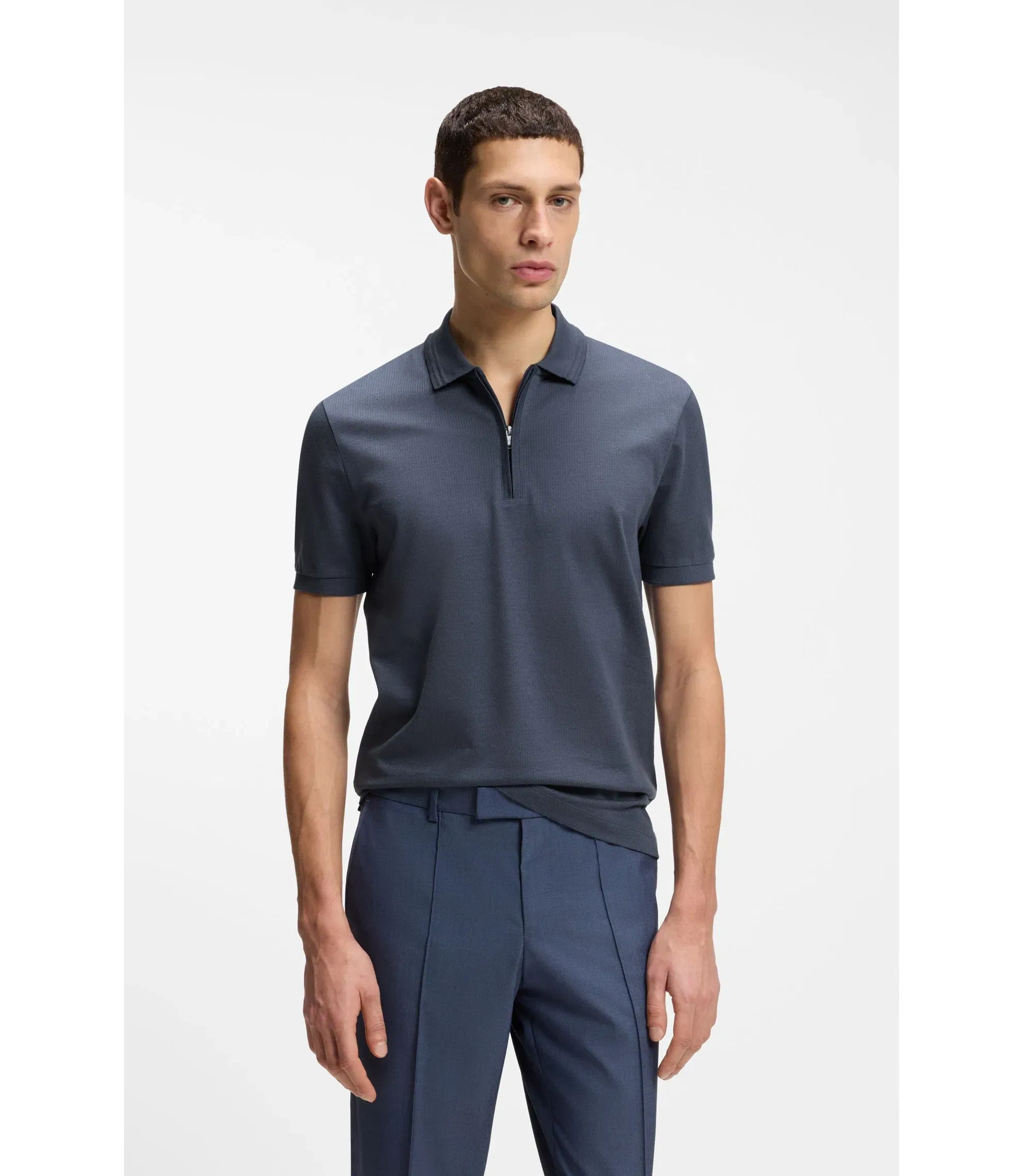 Boss Zip Placket Polo Shirt In A Cotton Blend Light Blue