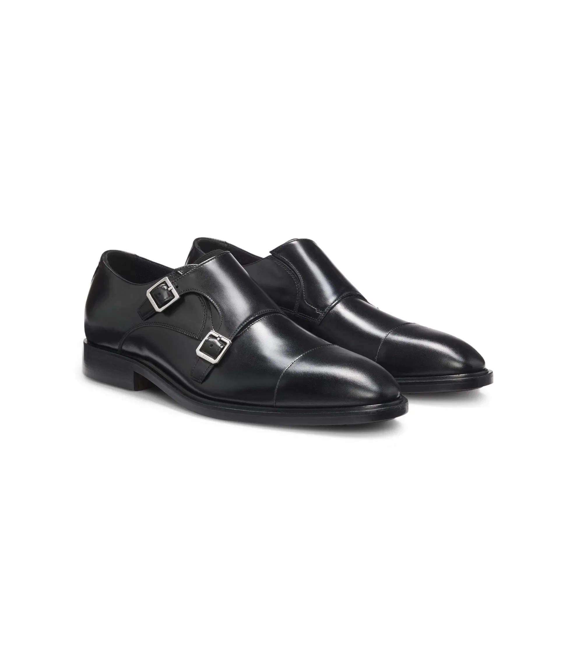 Boss Double Strap Monk Shoes In Leather Black Black