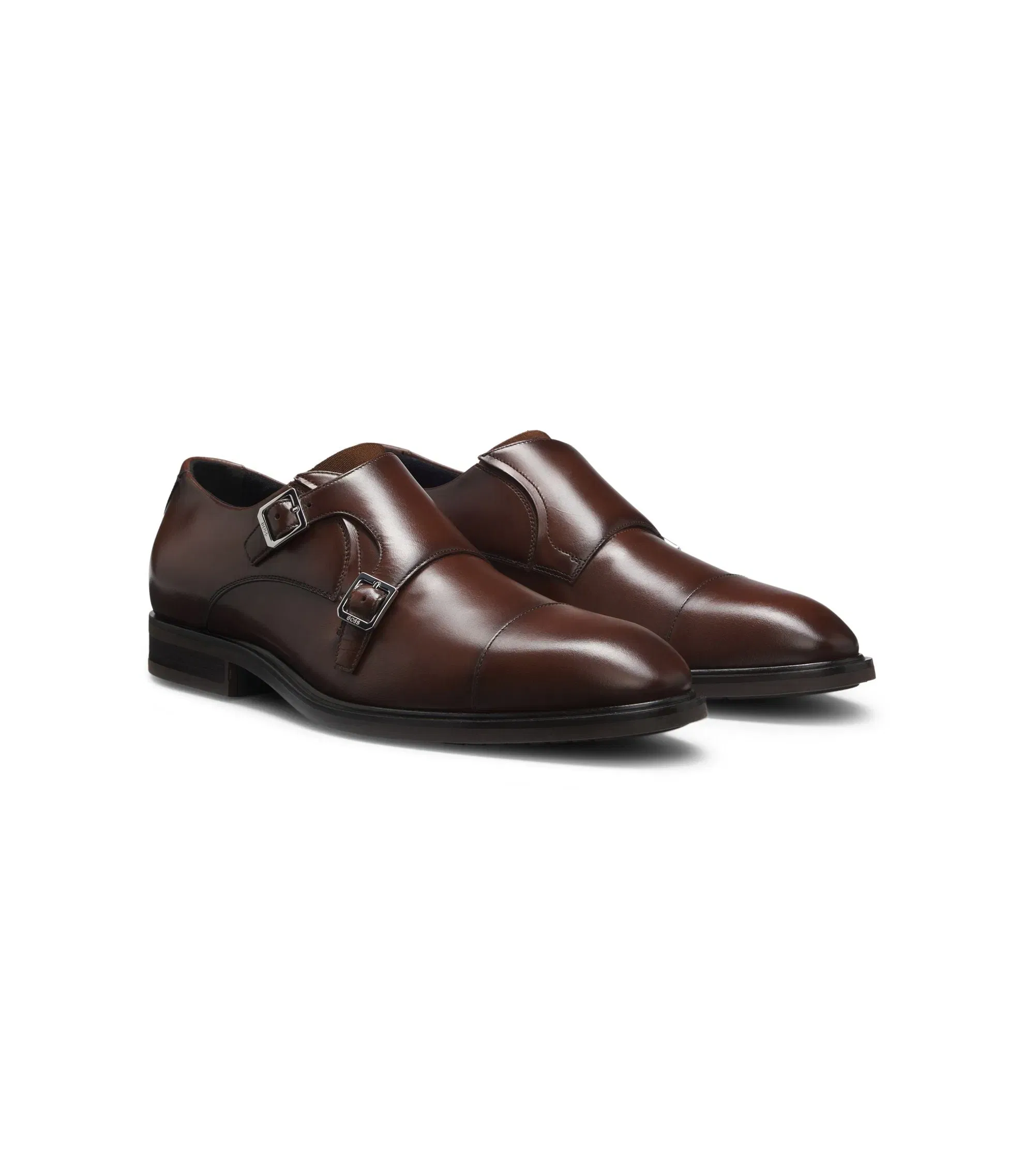 Boss Double Strap Monk Shoes In Leather Brown Brown
