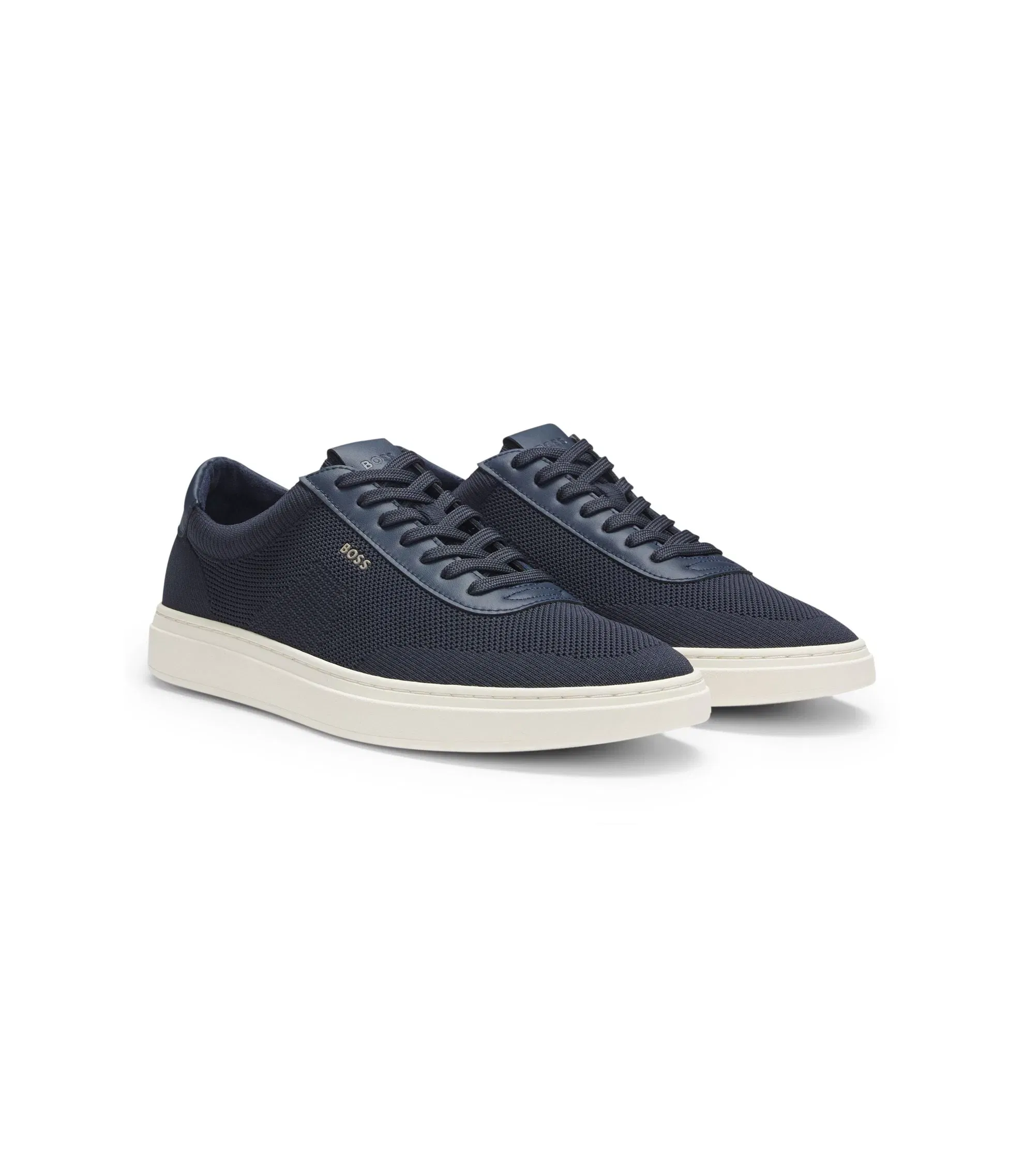 Boss Lace Up Trainers With Knitted Uppers And Leather Trims Dark Blue Dark Blue