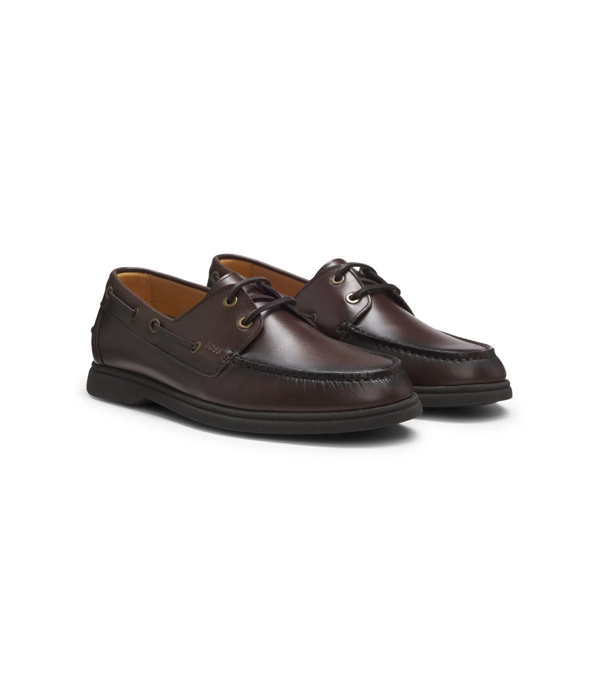 Boss Leather Boat Shoes With Embossed Logo Dark Brown Dark Brown