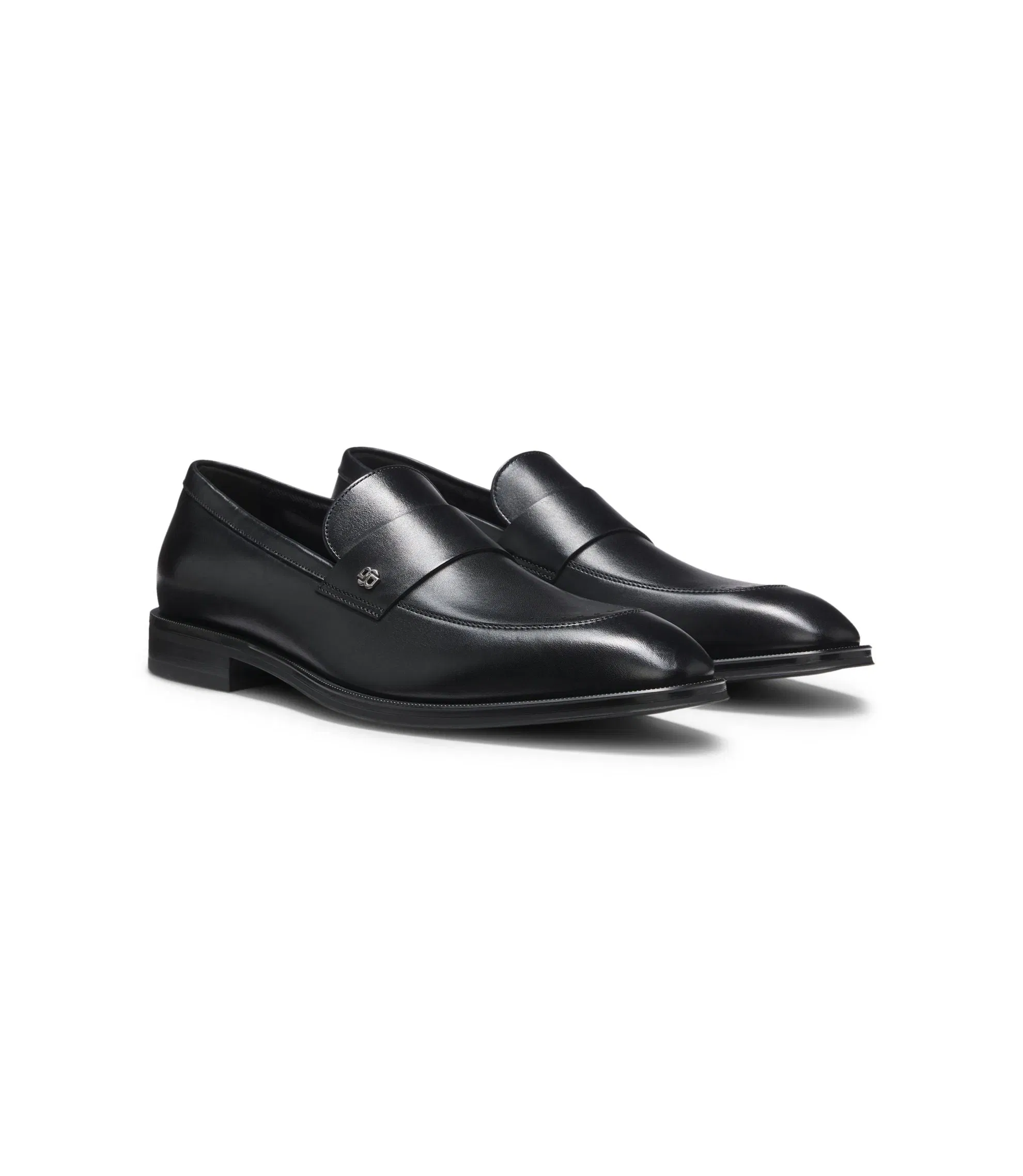 Boss Leather Loafers With Double B Monogram Trim Black Black