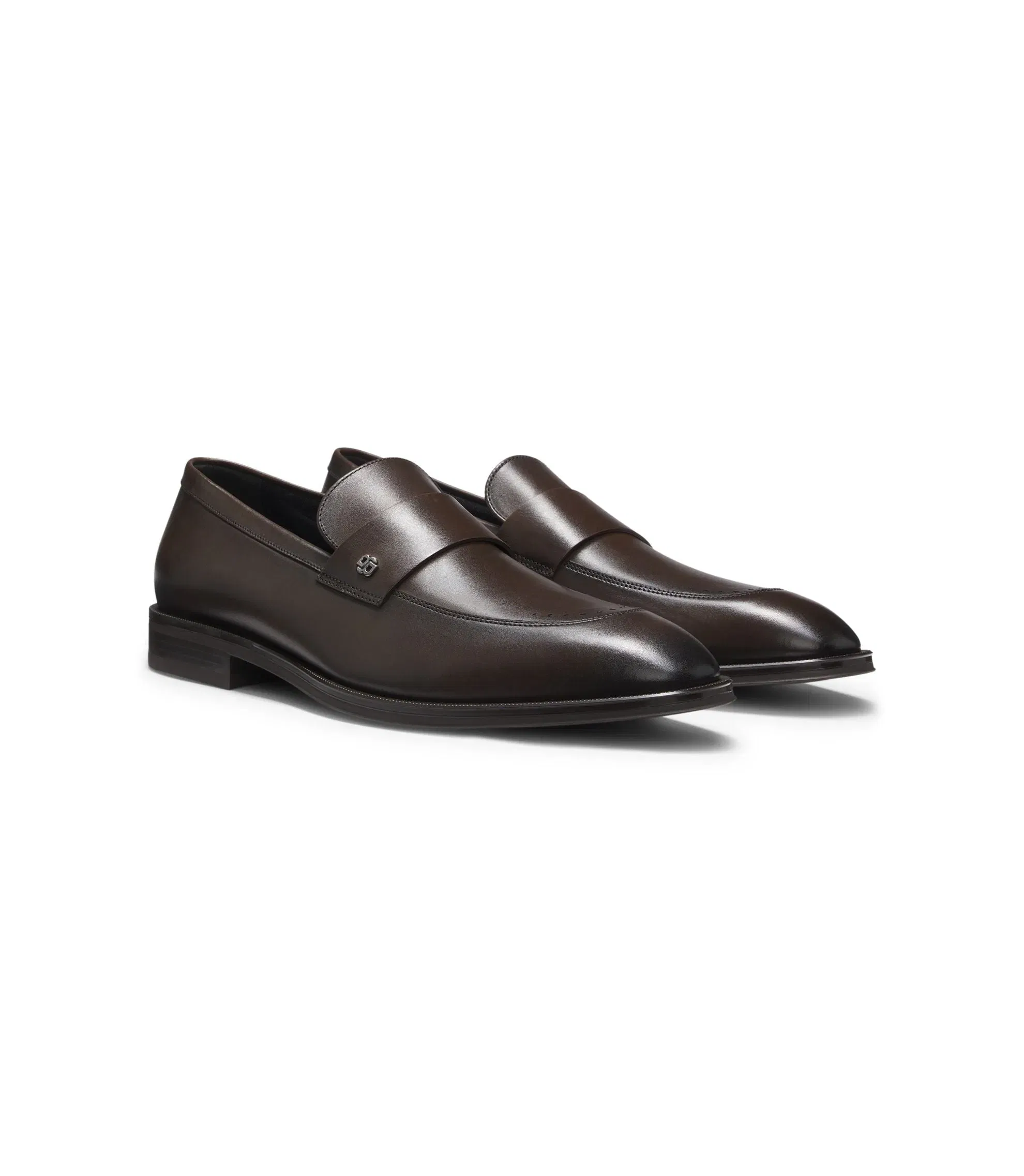 Boss Leather Loafers With Double B Monogram Trim Dark Brown Dark Brown