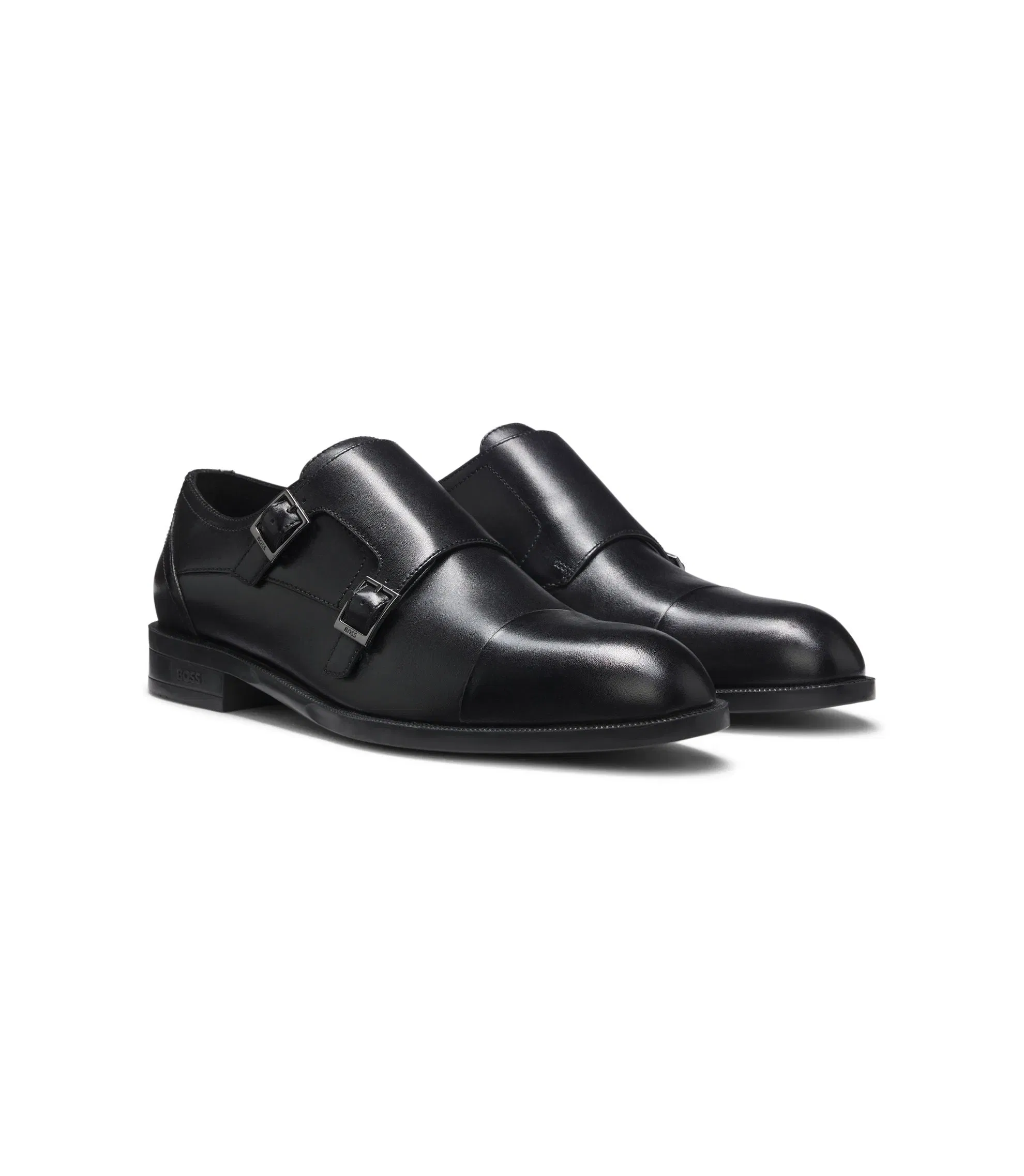 Boss Leather Monk Shoes With Double Strap Black Black