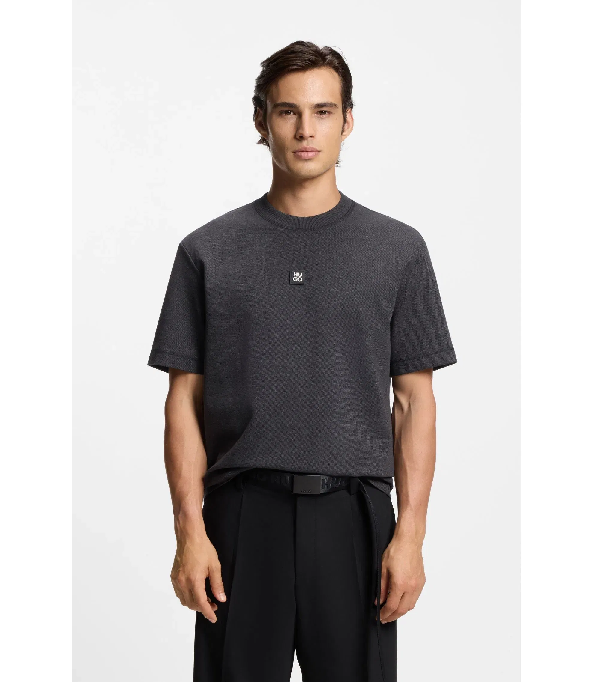 Hugo Stacked Logo T-Shirt In A Cotton Blend Grey