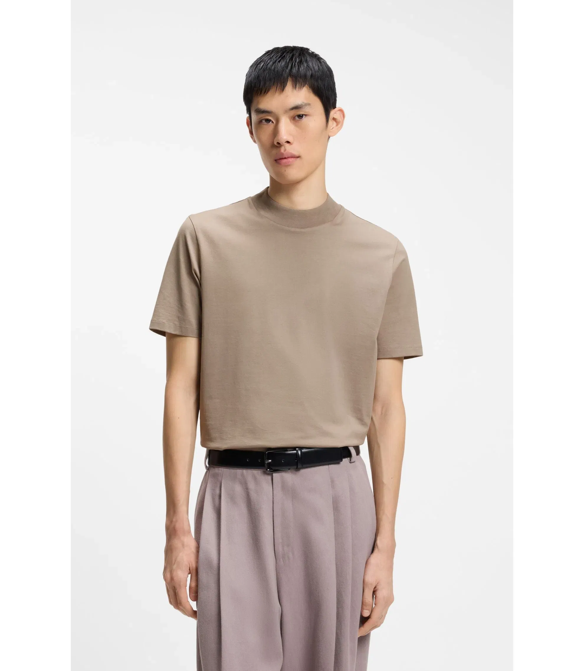 Hugo Stand Collar Slim Fit T-Shirt In Stretch Cotton Light Brown