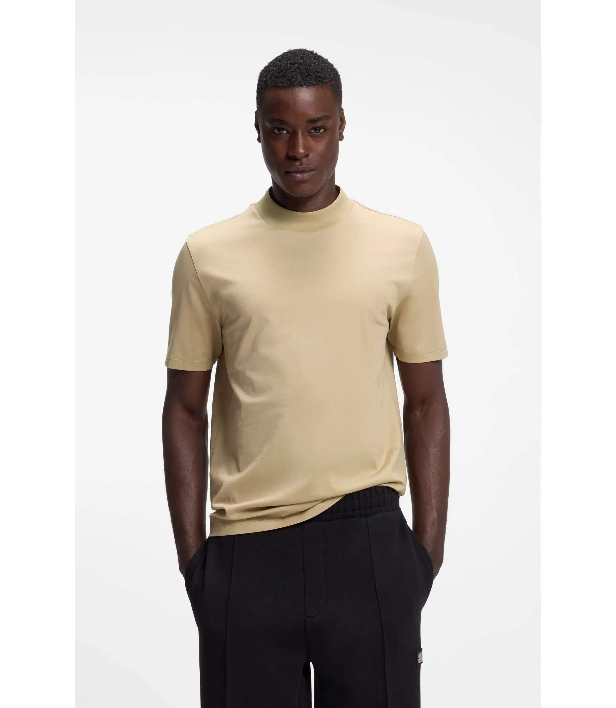 Hugo Stand Collar Slim Fit T-Shirt In Stretch Cotton Beige