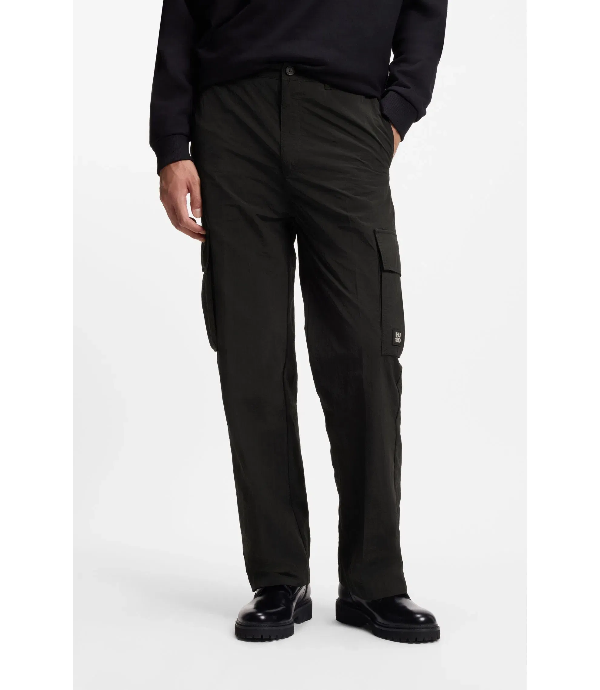 Hugo Straight Fit Cargo Trousers In Waxed Fabric Black