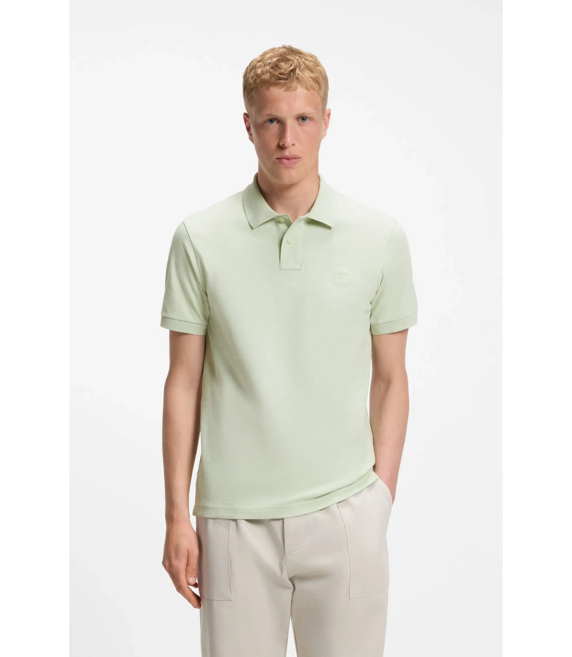 Boss Stretch Cotton Slim Fit Polo Shirt With Logo Patch Light Green