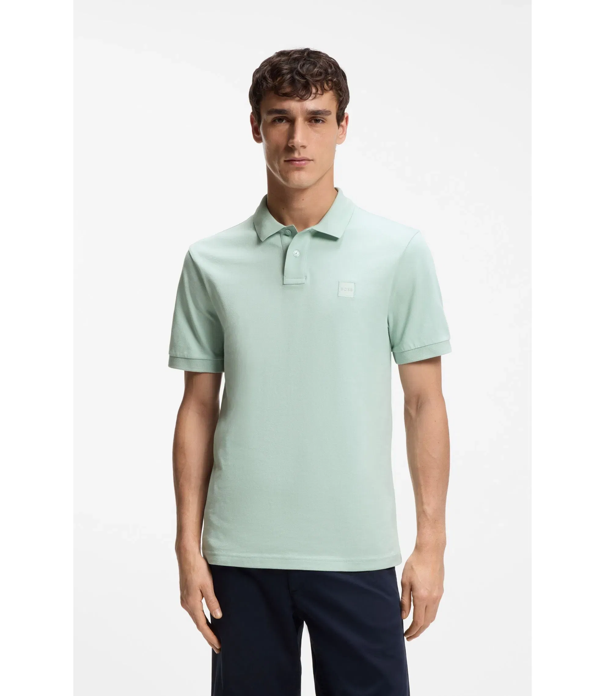 Boss Stretch Cotton Slim Fit Polo Shirt With Logo Patch Turquoise