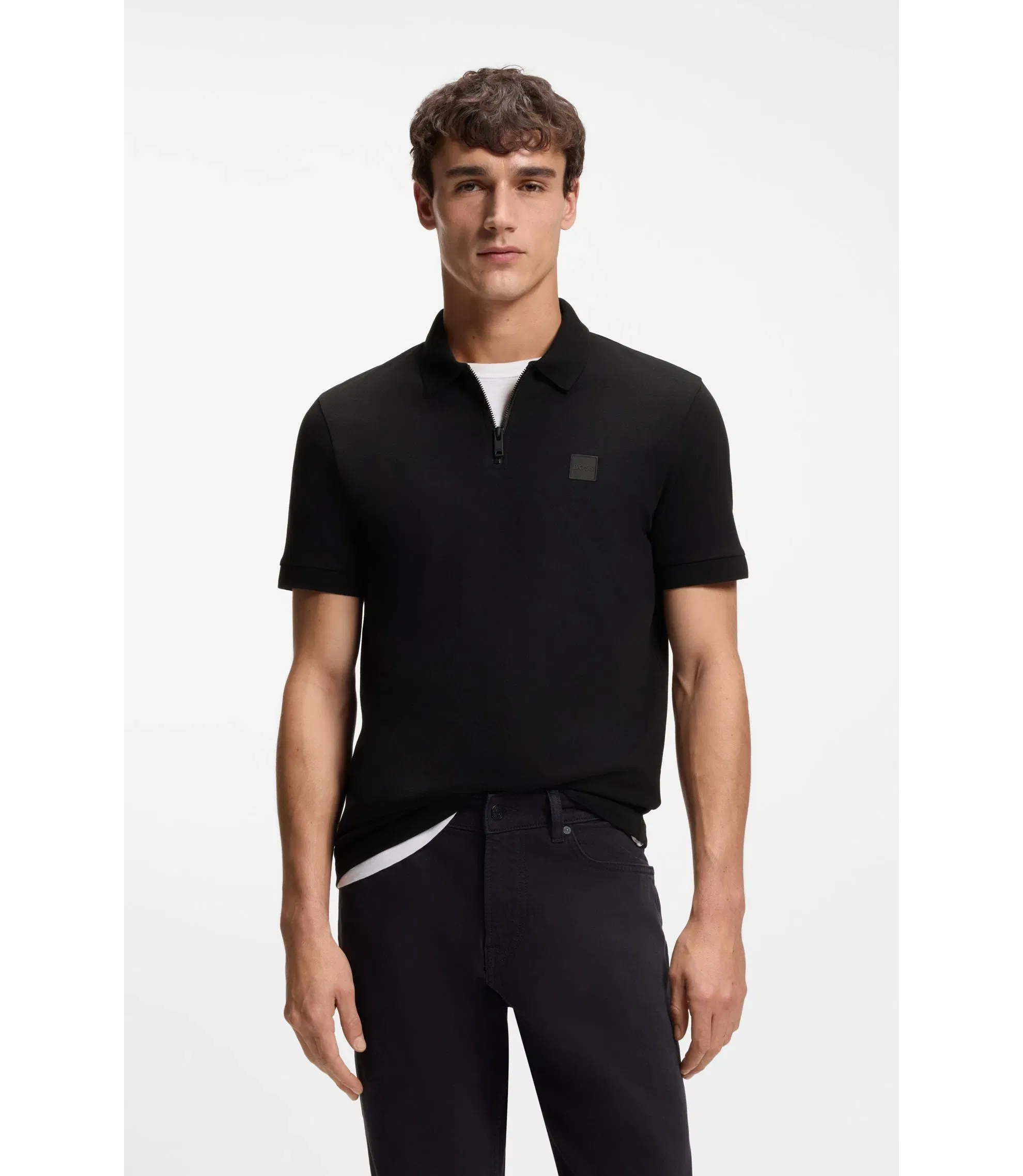Boss Stretch Cotton Slim Fit Polo Shirt With Logo Patch Black