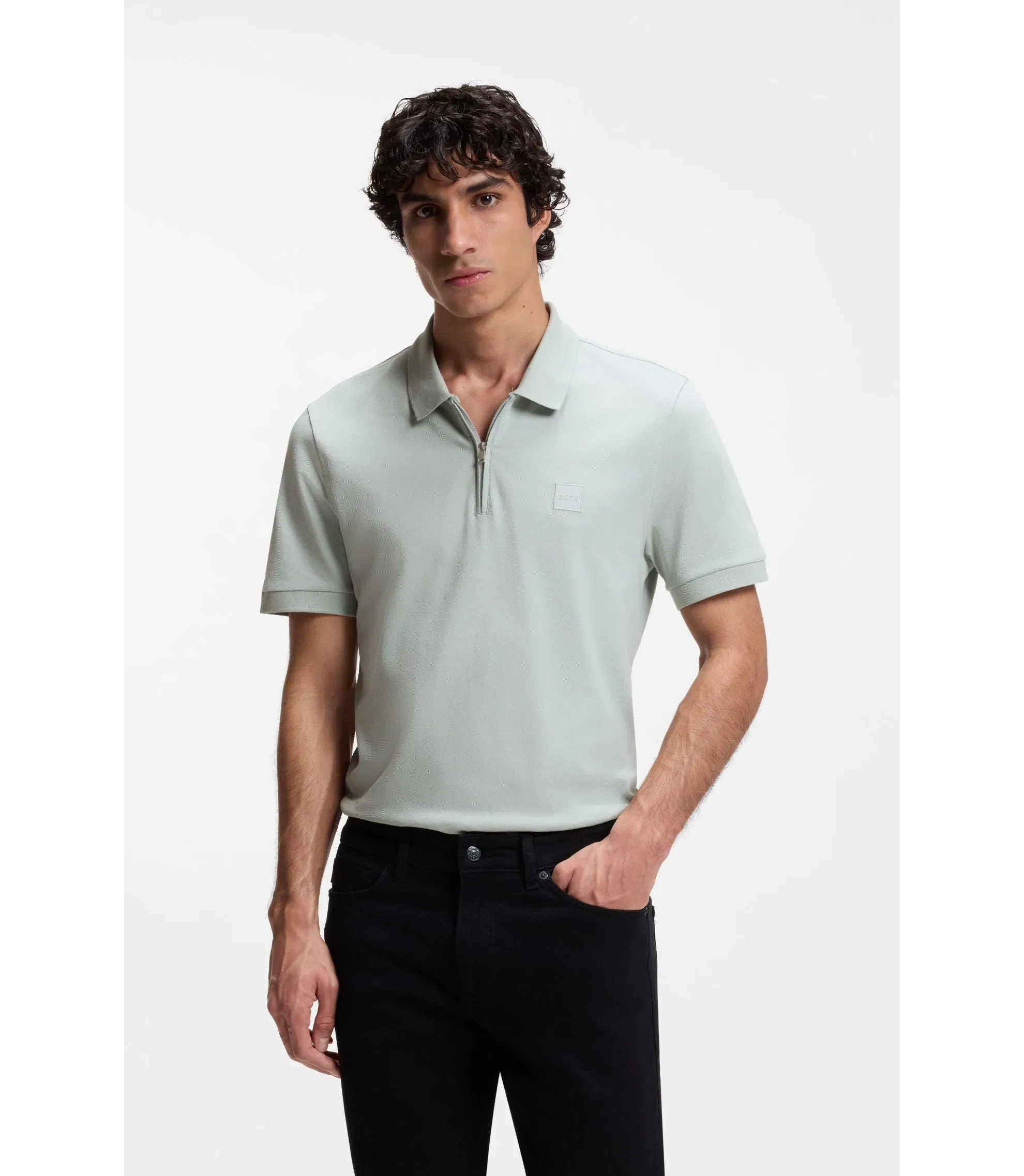 Boss Stretch Cotton Slim Fit Polo Shirt With Logo Patch Silver