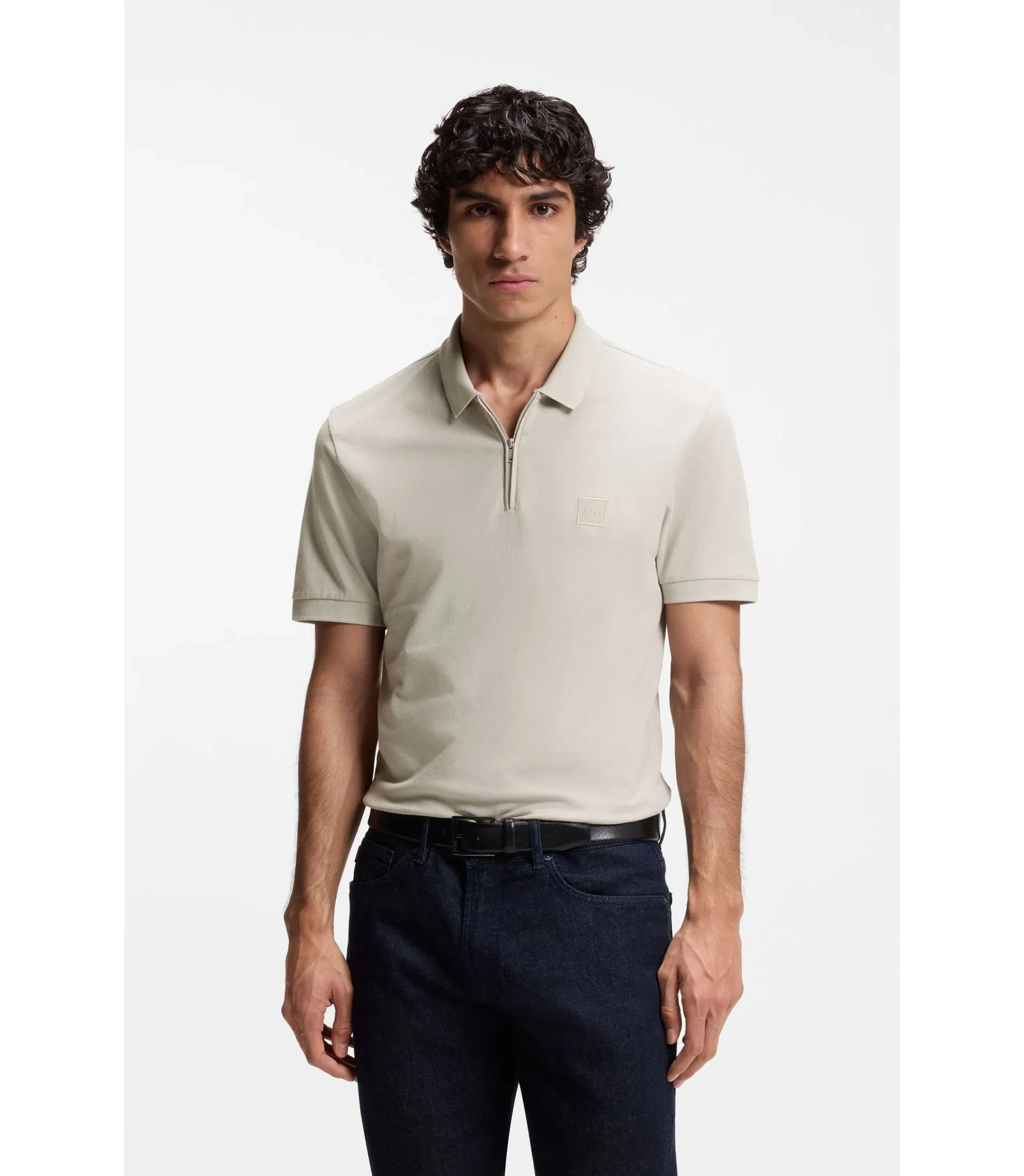 Boss Stretch Cotton Slim Fit Polo Shirt With Logo Patch Light Grey