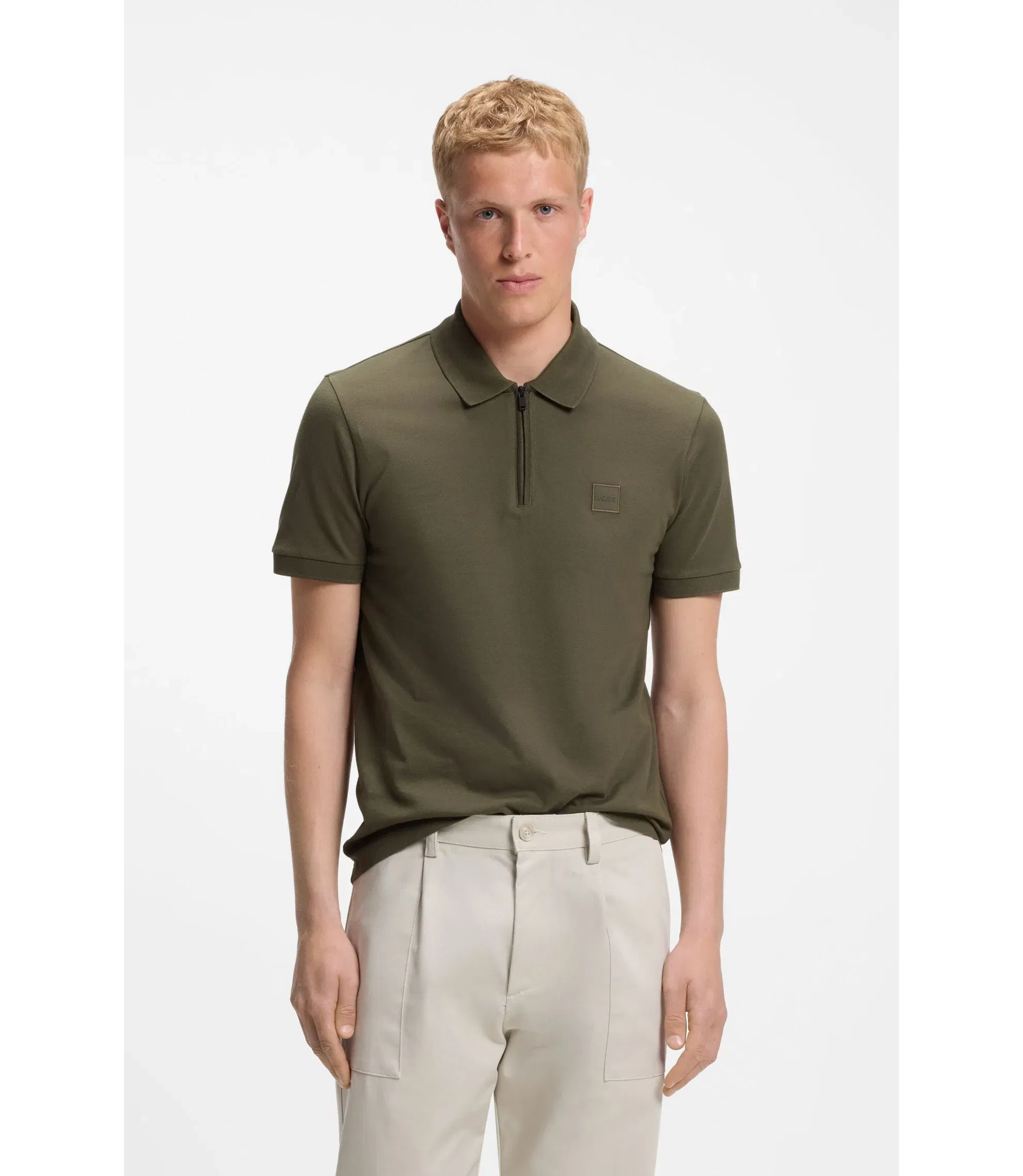 Boss Stretch Cotton Slim Fit Polo Shirt With Logo Patch Green