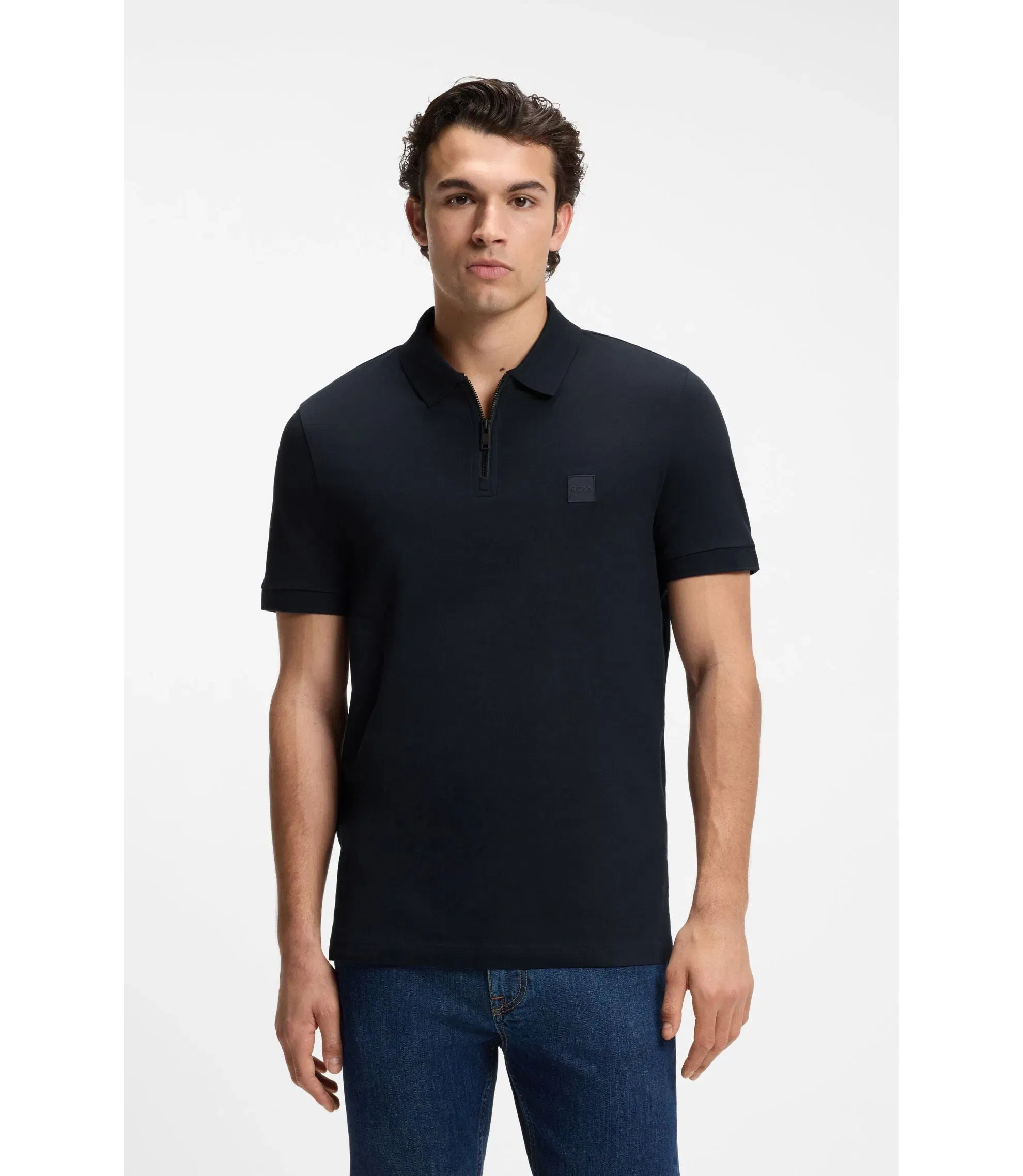 Boss Stretch Cotton Slim Fit Polo Shirt With Logo Patch Dark Blue