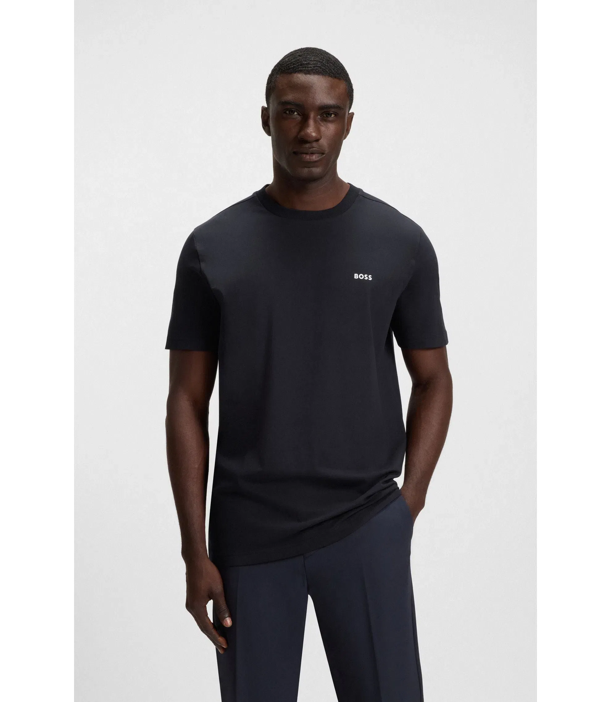 Boss Stretch Cotton T-Shirt With Logo Detail Dark Blue