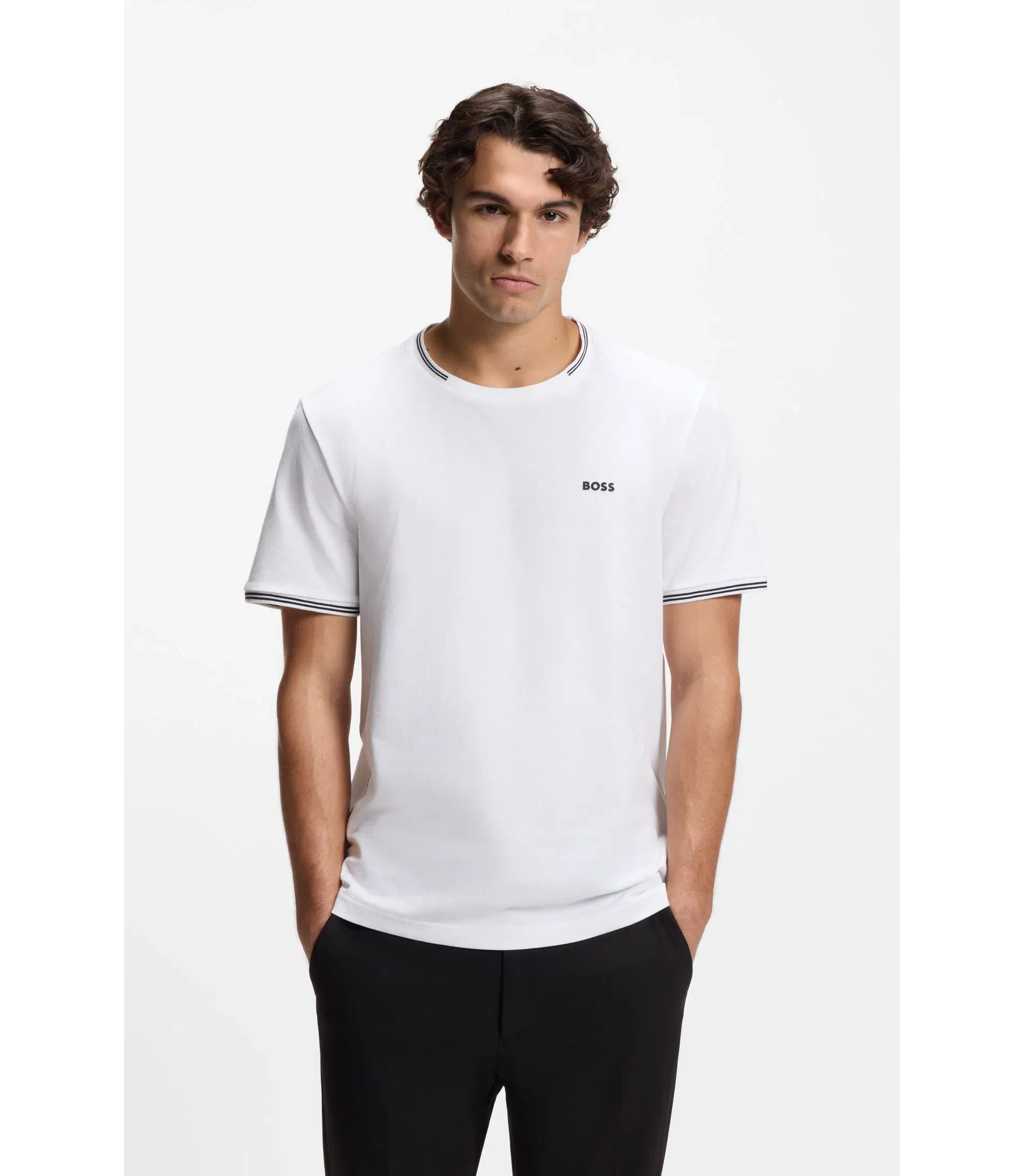 Boss Stretch Cotton T-Shirt With Stripes And Logo White