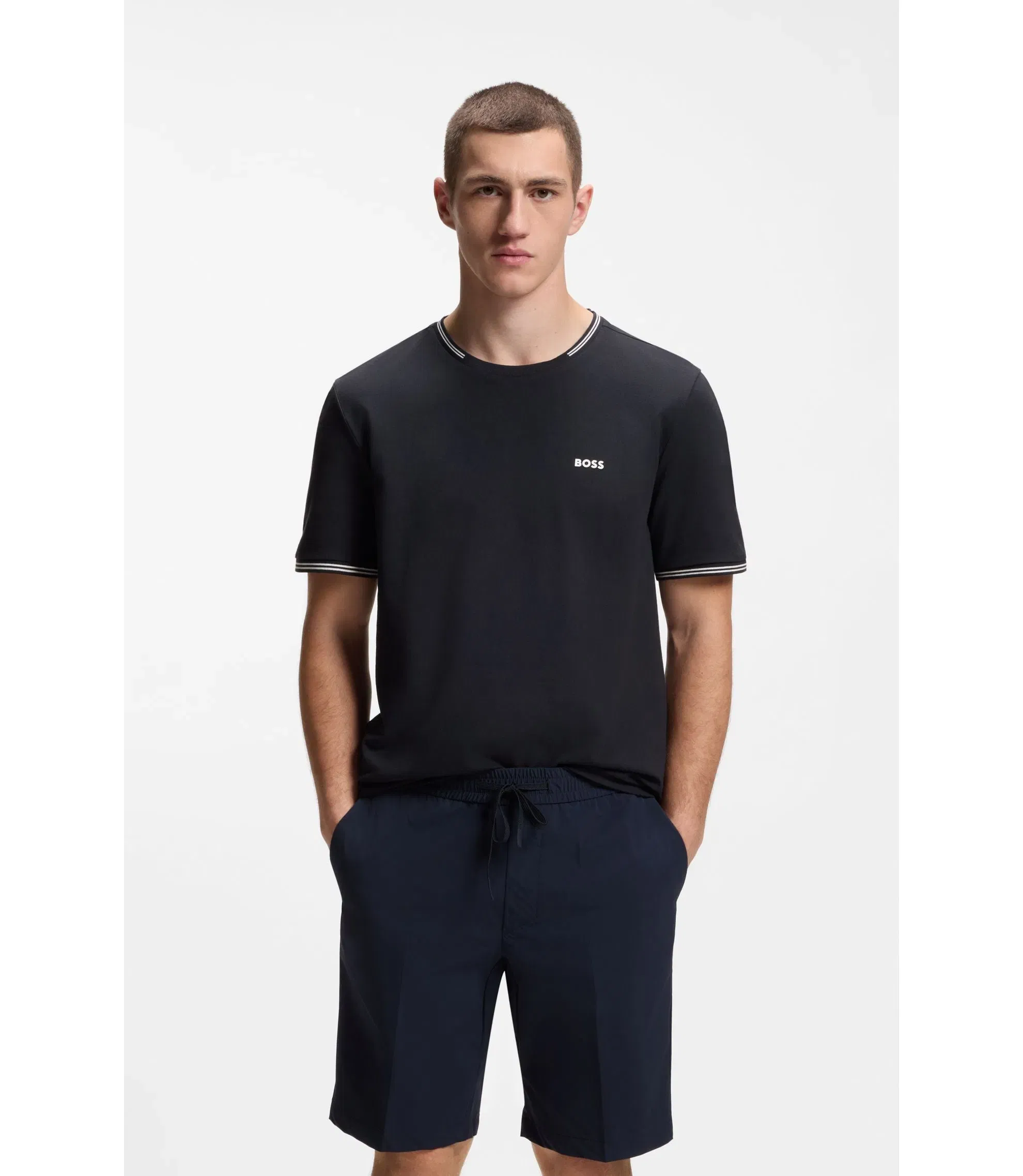 Boss Stretch Cotton T-Shirt With Stripes And Logo Dark Blue