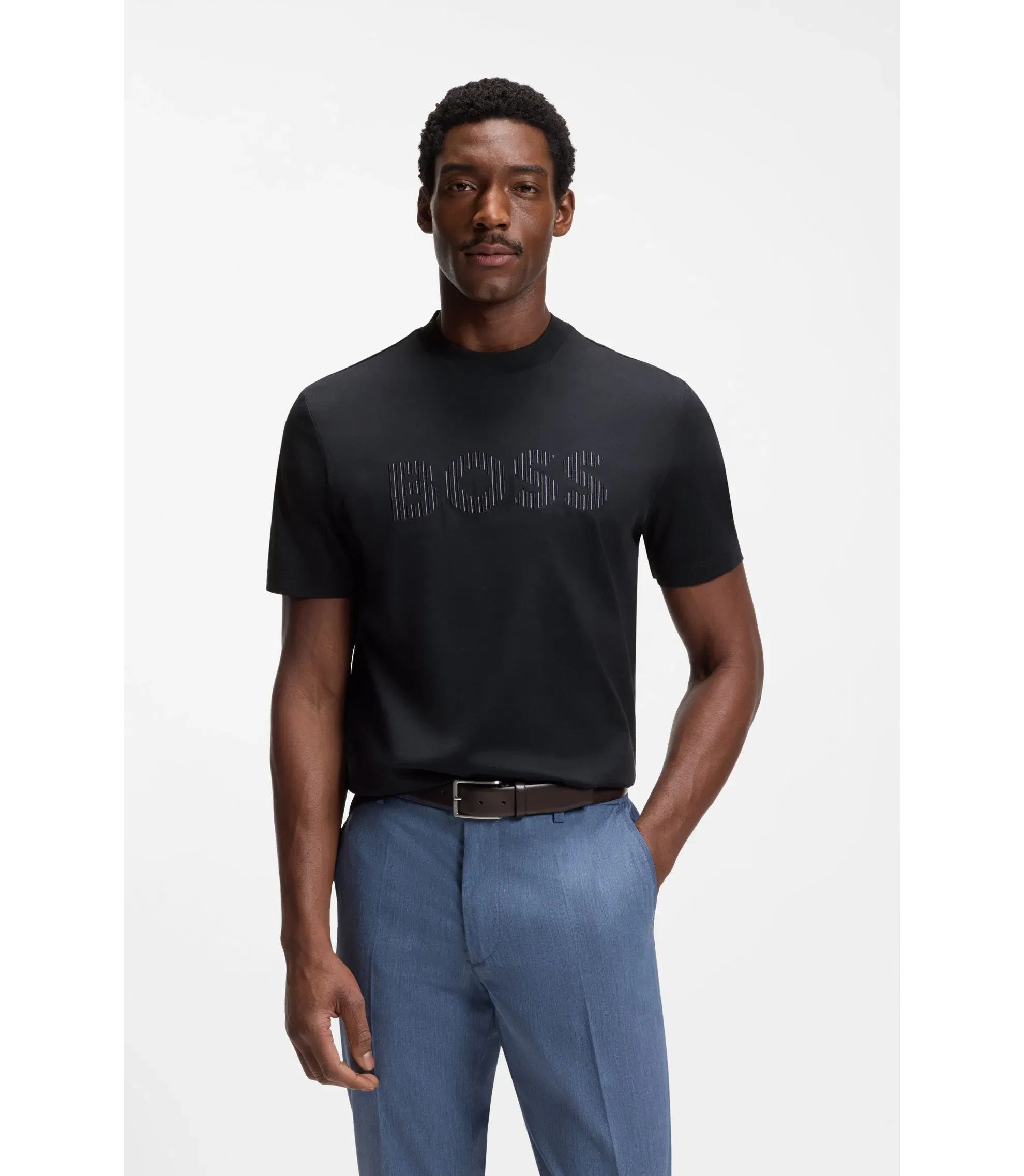 Boss Stripe Artwork T-Shirt In Cotton Jersey Dark Blue